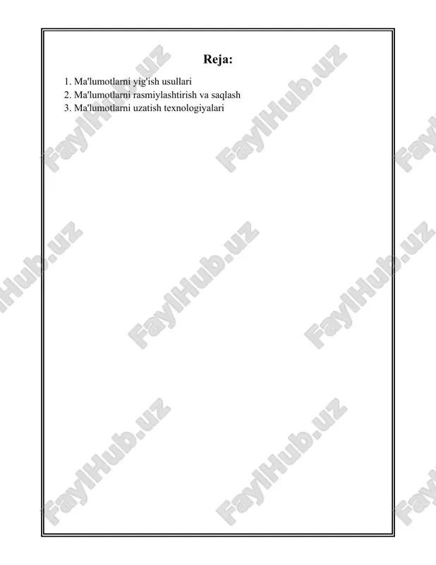 stidagi sharoitlarda hodisalarni o'rganish orqali ma'lumot yig'iladi. - **afzalliklari:** sababiy bog'liqliklarni aniqlash va nazorat qilish imkonini beradi; aniq natijalar olinadi. - **kamchiliklari:** ko'p hollarda har doim ham haqiqatda bo'rttirilmagan sharoitlar ta'minlanmasligi mumkin. 5. **anketalar:** anketalar ko'p hollarda qog'oz yoki onlayn formatda bo'ladi va ular orqali respondentlar ma'lumotlarni to'ldiradilar. - **afzalliklari:** anonimlik maksazini saqlab, keng miqyosda ma'lumot olish imkoniyatini beradi; arzon va tezkor usul. - **kamchiliklari:** noto'g'ri yoki noto'liq javoblar xavfi mavjud. 6. **ikkinchi bois ma'lumotlar:** ushbu usulda oldindan mavjud bo'lgan ma'lumotlar qayta tahlil va ishlatiladi, masalan, hukumat va jamoat statistikalari. - **afzalliklari:** tayinlangan vaqt va xarajat resurslarini tejaydi; keng ma'lumotlarga ega bo'lish imkonini beradi. - **kamchiliklari:** ma'lumotlarning eskirganligi yoki maqsadga muvofiq emasligi xavfi mavjud. 7. **raqamli texnologiyalar va internet:** onlayn anketalar, ijtimoiy tarmoqlar va boshqa raqamli manbalar orqali ma'lumot to'plash. - **afzalliklari:** juda tez va keng ko'lamli ma'lumot yig'ish imkonini beradi, xususan, geografik chegaralarni chetlab o'tib. - **kamchiliklari:** ma'lumotlarning ishonchliligi …