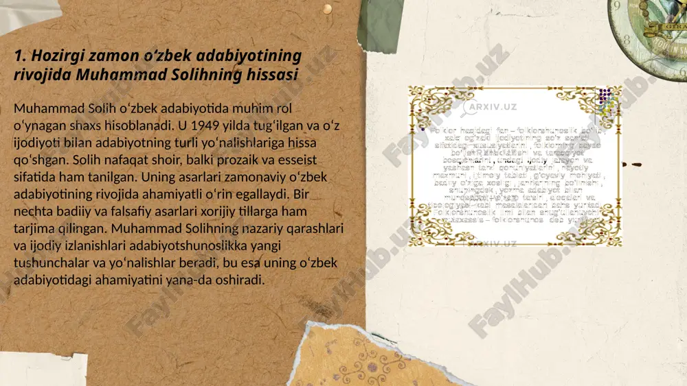 t uchun kurashini ifodalagan. solihning asarlarida milliy uyg‘onish, mustaqillik g‘oyalari, va inson huquqlari masalalari muhim o‘rin tutadi. u o‘zbek adabiyotida yangiliklar yaratgan, eski va yangi davrlar orasidagi bog‘liqlikni o‘rganib, adabiyotga yangi nafas olib keldi. uning she’riyati nafaqat badiiy, balki siyosiy va falsafiy mazmuni bilan ham alohida e’tiborga loyiqdir. muhammad solihning siyosiy faoliyati va adabiy izlanishlari, shuningdek, uning mustaqillik davri adabiyotida o‘rni, o‘zbek adabiyotshunosligi va jamiyatining taraqqiyotiga katta ta’sir ko‘rsatdi. u, o‘z vaqtida, adabiyotning erkin va mustaqil rivojlanishiga, uning siyosiy erkinlikka bo‘lgan ehtiyoji bilan bog‘liq bo‘lgan yangi bosqichlarga o‘tishiga xizmat qilgan. ... t.me/slaydai_bot muhammad solih o‘zbek adabiyotida modernizmning asoschilaridan biri hisoblanadi. uning ijodi modernistik g‘oyalar va texnikalar bilan boyitilgan. solih 1949 yilda tug‘ilgan bo‘lib, 1970-yillardan boshlab adabiyotga kirib kelgan. uning she’rlari va asarlari o‘zbek adabiyotida inqilobiy yangilik sifatida qabul qilindi. solihning modernistik ta’siri adabiyotda kundaliklik, individualizm va ekzistensializm mavzularining rivojiga xizmat qildi. shuningdek, u o‘zbek madaniyati va siyosatining qayta ko‘rib chiqilishiga …