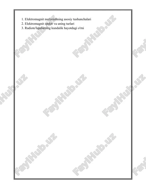 400 nanometrgacha bo'lgan to'lqinlar. ub nurlar quyoshdan chiqadi va insonga zararli bo'lishi mumkin, ayniqsa, terining kuyishiga yoki teri saratoniga olib kelishi mumkin. **rentgen nurlari**: rentgen nurlari to'lqin uzunligi taxminan 0.01 dan 10 nanometrgacha bo'lgan yuqori energiyali to'lqinlar. ular tibbiy diagnostika va xavfsizlik tekshiruvlarida qo'llaniladi. **gamma nurlari**: gamma nurlari spektrning eng yuqori energiyali qismiga kiradi va to'lqin uzunligi 10 pikometrdan kam bo'lishi mumkin. ular radioaktiv parchalanish va yadro reaksiyalaridan hosil bo'ladi. elektromagnit nurlanish, ba'zi hollarda foydali bo'lsa-da, hamma turlari ham xavfsiz emas. masalan, uzoq muddatli ub nurlanish teri kasalliklariga olib kelishi mumkin, rentgen va gamma nurlari esa yuqori darajada oyog'riq yoki zarar keltirishi mumkin. shu sababli, bu nurlar bilan ishlaganda himoya vositalaridan foydalanish muhimdir. elektromagnit nurlanishning asosiy tushunchalari fizika va texnologiya sohalarida juda muhim o'rin egallaydi. bu nurlanishlarning o'rganilishi elektr, optika va boshqa ko'plab sohalarda rivojlanishga turtki beradi. inson hayotining deyarli barcha sohalarida elektromagnit nurlanishning qandaydir shakli bilan tanishishimiz mumkin: radiosignallardan …