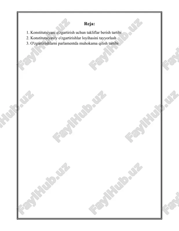 qo'llab-quvvatlash darajasi bilan kiritish mumkin. 4. **parlament qabul qilishi**: takliflar kiritilgandan so'ng, ularni parlament muhokama qiladi. ko'pchilik hukumatlarda konstitutsiyani o'zgartirish uchun qonunchilik organining muayyan qismi (odatda uchdan ikki qismi yoki uchdan bir qismi) tomonidan qo'llab-quvvatlanishi talab qilinadi. 5. **referendum**: ba'zi mamlakatlarda konstitutsiyani o'zgartirish maqsadida umumxalq referendumini o'tkazish talab etiladi. bu jarayon xalqning bevosita ishtirokini ta’minlaydi va o'zgartirishlarning keng miqyosda qo'llab-quvvatlanayotganligini ko'rsatadi. 6. **o'zgartirishning huquqiy kuchga kirishi**: konstitutsiyani o'zgartirish takliflari qabul qilinib ma'qullanganidan so'ng, ular maxsus qonunchilik orqali rasman kuchga kiradi. bu, odatda, davlat boshqaruvi tomonidan e'lon qilinishi yoki rasmiy huquqiy axborot nashrlarida chop etilishi orqali amalga oshiriladi. 7. **o'rnatilgan muddatlar**: aksar hollarda konstitutsiyani o'zgartirish jarayoni maxsus muddatlarga bo'linadi. jarayonning har bir bosqichi, masalan, taklif tayyorlash, uni ko'rib chiqish, ovozga qo'yish va kuchga kiritish aniq muddatlarda amalga oshirilishi lozim. 8. **yakuniy tasdiqlash bosqichi**: konstitutsiyani o'zgartirish bo'yicha parlament tomonidan qabul qilingan qarorlar, ba'zi hollarda yuqori hukumat organlari tomonidan yakuniy tasdiqlashni talab etishi …