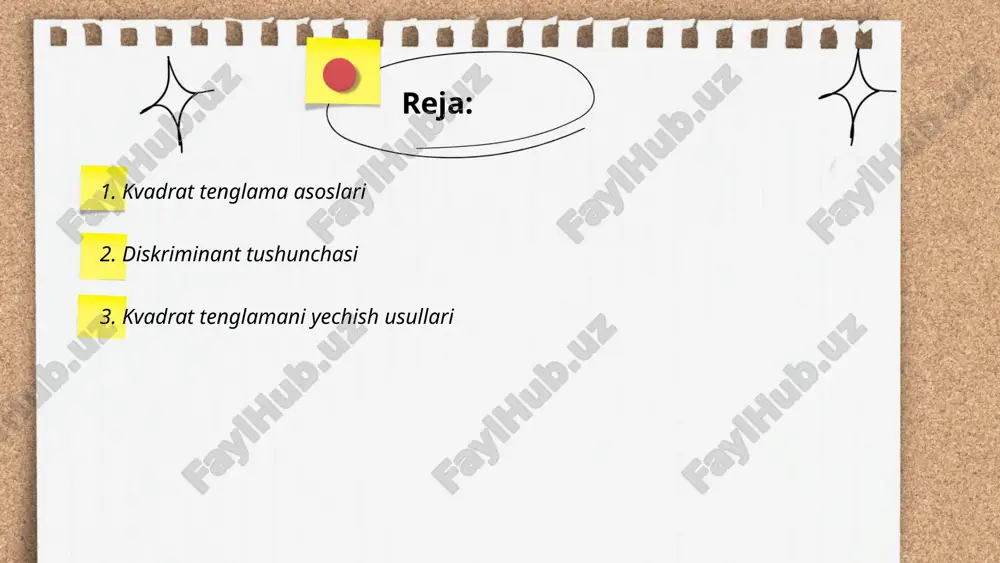 . bu tenglama noma'lum x ning har qanday haqiqiy qiymatlarini topish uchun \(\delta = b^2 - 4ac\) diskriminantdan foydalaniladi. agar p parametr sifatida kiritilsa, kvadrat tenglama shakli \( ax^2 + (b \pm p)x + c = 0 \) ko'rinishga keladi. bunday hollarda, diskriminantni tendensiyalar (masalan, malum p qiymatlari) va ildizlarning xususiyatlarini (masalan, ildizlar soni va turi) aniqlash uchun tahlil qilinadi. diskriminantning qiymatiga qarab, x haqiqiy yoki kompleks qiymatlarga ega bo'lishi mumkin. kvadrat tenglama talaba: 4m3 guruh talabasi azimova oisha e'tiboringiz uchun raxmat! image1.jpg image2.png image3.jpg image4.png image5.jpg image6.jfif image7.png image8.jfif