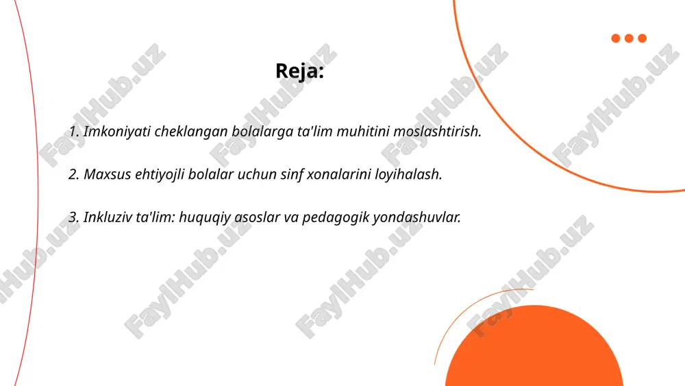 kengligi minimal 1,5 metr bo‘lishi kerak. har bir o‘quvchi uchun kamida 2 kvadrat metr shaxsiy maydonni ta’minlash tavsiya etiladi. aloqa qurilmalari va maxsus vositalar mavjud bo‘lishi kerak, ayniqsa eshitish va ko‘rish yordami zarur. ... t.me/slaydai_bot inkluziv ta'lim huquqiy asoslari oʻzbekiston respublikasida qator qonun hujjatlari bilan mustahkamlangan. 2019-yilda qabul qilingan "ta'lim to'g'risida"gi qonun inkluziv ta'lim huquqini kafolatlaydi. inkluziv ta'limning asosiy maqsadi barcha bolalar, jumladan, imkoniyati cheklangan bolalar ham toʻlaqonli ta'lim olishlarini ta'minlashdir. pedagogik yondashuvlar ichida individual yondashuv, maxsus metodika va yordamchi texnologiyalar qo'llaniladi. oʻqituvchilar maxsus tayyorgarlikdan oʻtib, bolalarning ehtiyojlariga mos yondashuvlar qo‘llashadi. inkluziv ta'limni rivojlantirishda xalqaro tajriba va zamonaviy tendensiyalar hisobga olinadi. shu orqali ta'lim tizimida teng imkoniyatlar yaratiladi va ijtimoiy integratsiya kuchayadi. ... t.me/slaydai_bot 4. maxsus ta'lim ehtiyojlari: qonuniy talablar. oʻzbekistonda maxsus ta'lim ehtiyojlari bor bolalar uchun qonuniy talablar "maxsus ta'lim va reabilitatsiya markazlari" orqali ta'minlanadi. 2023 yilda tasdiqlangan mehnat va taʼlim kodekslariga koʻra, har bir bola oʻz ehtiyojlariga mos …