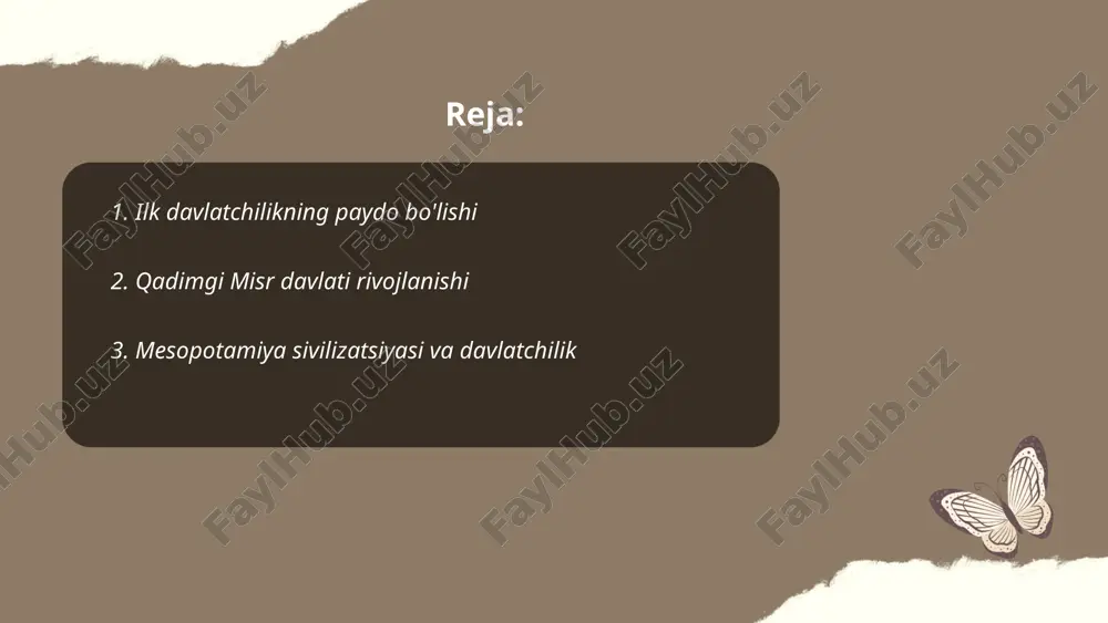 tartibot kabi asosiy ijtimoiy institutlarni yaratgan. ular gilqog'oz ustida mixxat yozuvini yaratib, bilimlarini avlodlarga etkazgan. bobil va ossuriya kabi yirik imperiyalar mesopotamiyada vujudga kelgan va miloddan avvalgi ii mingyillikda hukmronlik qilgan. bobilning hummurapi qonunlari, miloddan avvalgi 18-asrda yaratilgan, qadimgi huquq tizimining eng mashhur yodgorliklaridan biridir. mashhur zigguratlar diniy va ma'muriy markazlar sifatida muhim rol o'ynagan. ... t.me/slaydai_bot 4. hind vodiysi sivilizatsiyasi hind vodiysi sivilizatsiyasi miloddan avvalgi 3300-yillarda rivojlangan qadimiy sivilizatsiyalardan biridir. bu sivilizatsiya indus daryosi vodiysida, hozirgi pokiston va hindistonning shimoliy-g‘arbida joylashgan edi. mashhur shaharlar mohenjo-daro va harappa edi. qariyb 5 million kishi yashagan, dehqonchilik, hunarmandchilik va savdo-sotiq rivojlangan. sivilizatsiya o'zining murakkab shaharsozligi, yo‘l tarmoqlari, hojatxonalar va suv ta’minoti tizimi bilan ajralib turgan. ularda o‘qilmagan yozuv tizimi mavjud edi. 1800-yillarda bu sivilizatsiya pasaya boshlagan va sabablari hali ham to‘liq noma’lum. ashyoviy dalillar bu mintaqadan 1920-yillarda topilgan, bu arxeologiyada katta yangilik bo‘lgan. ilk davlatlar rivojlanishining davrlashtirilishi. olimova baxtigul e'tiboringiz uchun raxmat! …
