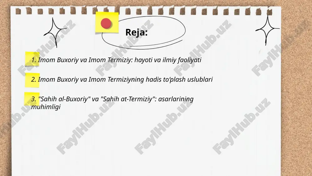 eb tanlagan. kitob 97 kitobga bo‘lingan va 3,450 ta unikal hadisni o‘z ichiga oladi. "sahih at-termiziy" esa abu iso at-termiziy tomonidan yozilgan bo‘lib, unda ko‘plab sahih hadislar to‘plangan. bu asarlar islom fiqhi va aqoidlariga asosiy manba bo‘lib xizmat qiladi hamda musulmonlar orasida e'tiborni saqlab keladi. ular diniy amallarni to‘g‘ri bajarishda yo‘l-yo‘riq beradi. ... t.me/slaydai_bot 4. hadisning sahihligini aniqlash: buxoriy va termiziy usullari buxoriy va termiziy hadislarining sahihligini aniqlashda muhim mezonlar qo'llagan. buxoriy hadislarni sahih deb topishda isnodning uzluksizligini, roviylarning adolatli va, ishonchli bo'lishini, matnning g'arib va shoz bo'lmasligini ta'minlagan. u kishi 600,000 hadisni o'rgangan va ulardan 7,275 hadisni "sahih al-buxoriy" kitobida jamlagan. termiziy esa hadislarni sahih, hasan va zaif sifatida tasniflagan. u, hadisning mustahkam isnodga va sharh qiluvchi ulama tomonidan qabul qilinganiga e'tibor bergan. termiziy hadislarga "jami' at-termiziy" kitobida joy bergan va unda 3,956 hadisni jamlagan. ... t.me/slaydai_bot imom buxoriy va imom termiziy islom ilmi tarixida katta ahamiyatga ega bo‘lgan …