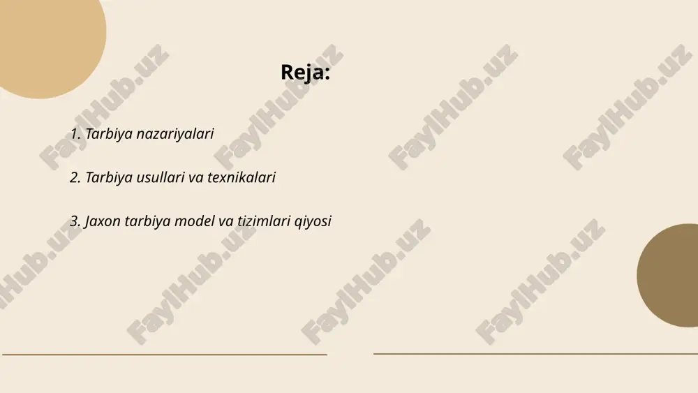 kamroq topshiriqlar beriladi, bu esa yuksak natijalar beradi. yaponiya ta’lim tizimi esa yuqori intizom va uzoq o‘quv soatlari bilan mashhur. o‘rtacha yapon bolasi haftasiga 60 soat o‘qishni o‘z ichiga oluvchi ishlab chiqarish tizimida ishtirok etadi. aqshda esa yiliga o‘rtacha 180 kun o‘quv davri mavjud bo‘lib, turli yondashuvlar qo‘llaniladi. ushbu tizimlar turlicha natijalar va imkoniyatlar yaratadi hamda global raqobatbardoshlikda muhim rol o‘ynaydi. ... t.me/slaydai_bot 4. tarbiyaviy konsepsiyalar va ularning maqsadlari tarbiyaviy konsepsiyalar ta'lim va tarbiyaning samaradorligini oshirishga qaratilgan nazariyalar va metodikalardir. ularning asosiy maqsadi yosh avlodni ma'naviy, axloqiy va ijtimoiy jihatdan rivojlantirishdan iborat. masalan, "axloqiy tarbiya" konsepsiyasi bolalarni odob-axloq qoidalariga rioya qilishga, insonparvarlik va mas'uliyatni anglashga o'rgatadi. "estetik tarbiya" esa san'at va madaniyat orqali go'zallikni his qilish qobiliyatini shakllantirishga qaratilgan. "vatanparvarlik tarbiyasi" mustaqillikka sadoqat va madaniy boyliklarga hurmatni rivojlantiradi. har bir konsepsiya milliy va individual xususiyatlarga moslashtirilgan strategiyalarni o'z ichiga oladi hamda ta'lim tizimida muhim o'rin tutadi. ... t.me/slaydai_bot pedagogik metodlarning …