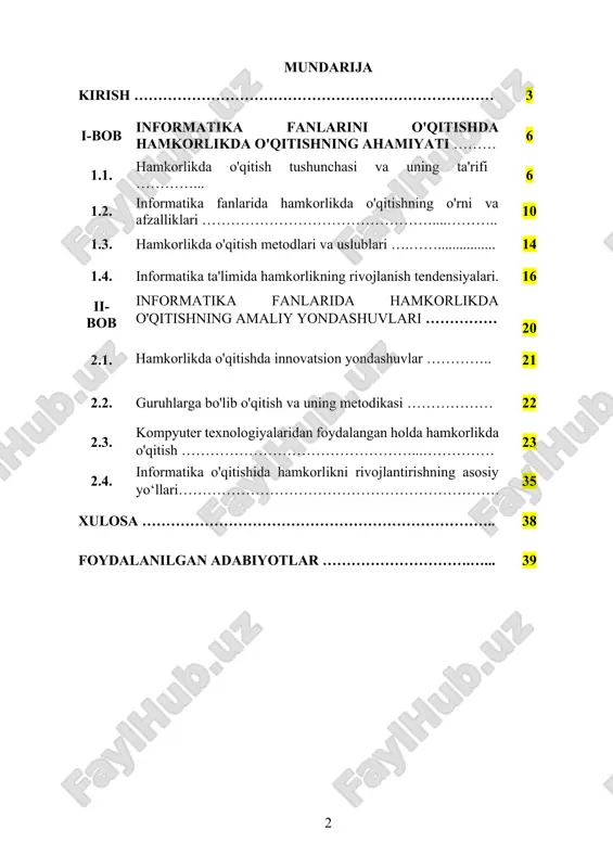 ga bo‘lgan ishonchini mustahkamlaydi. informatika fanlarini o‘qitishda hamkorlikda o‘qitishning ahamiyati beqiyosdir sababi informatika bu nafaqat bilim balki jamoaviy ish va kommunikatsiya talab qiladigan yo‘nalishdir zamonaviy axborot texnologiyalarining rivojlanishi bilan jamoa bo‘lib ishlashga ehtiyoj yanada ortib bormoqda shuning uchun o‘quvchilarning dasturiy ta’minot yaratish muammolarni algoritmik hal etish va turli loyihalar ustida birgalikda ishlash qobiliyatini rivojlantirish zarur informatika fanlarida hamkorlikda o‘qitish texnologiyalarini qo‘llash o‘quvchilarda innovatsion fikrlashni shakllantiradi va ularni bo‘lajak kasbiy faoliyatga tayyorlaydi. hamkorlikda o‘qitish metodlari o‘qituvchilarning ham malakasini oshirishda yordam beradi bu yondoshuv orqali pedagoglar o‘quv jarayonini o‘quvchilarning qiziqishlariga moslashtirish o‘quvchilarning individual ehtiyojlarini hisobga olish va ta’lim samaradorligini oshirish imkoniyatiga ega bo‘ladilar bunda guruhdagi har bir ishtirokchining fikri va ishi muhim sanaladi o‘quvchilar birgalikda ishlash orqali o‘z bilimlarini mustahkamlash bilan birga boshqalar bilan o‘zaro muloqotni kuchaytiradi va tajriba almashadi. informatika fanlari o‘quvchilarda muammolarni amaliy hal etish qobiliyatini rivojlantirish uchun katta imkoniyatlar yaratadi masalan dasturlash loyihalarida birgalikda ishlash o‘quvchilarni jamoaviy ish jarayonlarining …
