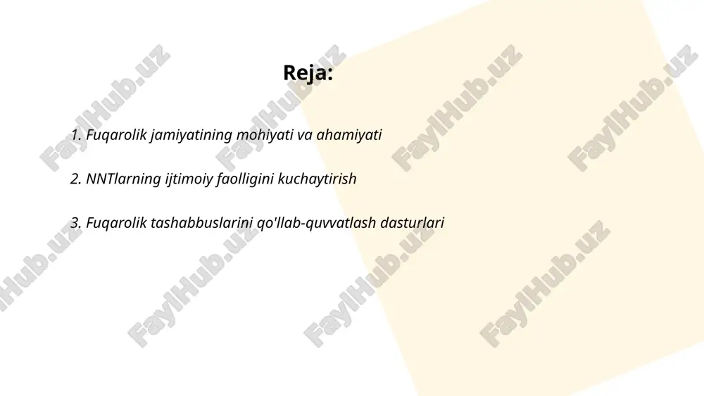 imoiy loyiha amalga oshirilgan. ushbu loyihalar aholining turli muammolarini hal qilish va ijtimoiy barqarorlikni ta'minlashga qaratilgan. ... t.me/slaydai_bot fuqarolik tashabbuslarini qo'llab-quvvatlash dasturlari ko'pincha jamiyatda ijtimoiy muammolarni hal qilishga qaratilgan. masalan, 2021 yilda oʻzbekistonda 74 ta fuqarolik tashabbuslariga davlat tomonidan 10 milliard soʻm ajratildi. ushbu dasturlar orqali ijtimoiy loyihalar, jumladan, taʼlim, sogʻliqni saqlash va ekologiya sohalarida qator innovatsion loyihalar amalga oshirilmoqda. yevropa ittifoqi ham oʻzining grantlari orqali markaziy osiyo davlatlaridagi 180dan ortiq tashabbusni qoʻllab-quvvatlamoqda. aqsh elchixonasi oʻzbekistondagi 25 ta ijtimoiy loyihaga moliyaviy ko'mak berib, 500 million so'm ajratdi. bu dasturlar mahalliy aholining faolligini oshirishga xizmat qiladi. ... t.me/slaydai_bot 4. fuqarolik jamiyati institutlarini mustahkamlash o'zbekistonda fuqarolik jamiyati institutlarini mustahkamlash davlat siyosatining ustuvor yo'nalishlaridan biridir. 2021-yilda o'zbekistonda 9,000 dan ortiq nodavlat notijorat tashkilotlari (nnt) ro'yxatga olingan. 2020-2024-yillar uchun belgilangan harakatlar strategiyasi doirasida, fuqarolik jamiyatining rolini oshirish, ochiqlik va jamoatchilik nazoratini kuchaytirish maqsadida qator qonun va qarorlar qabul qilindi. 2022-yilda nntlarning davlat davlat byudjetidan …