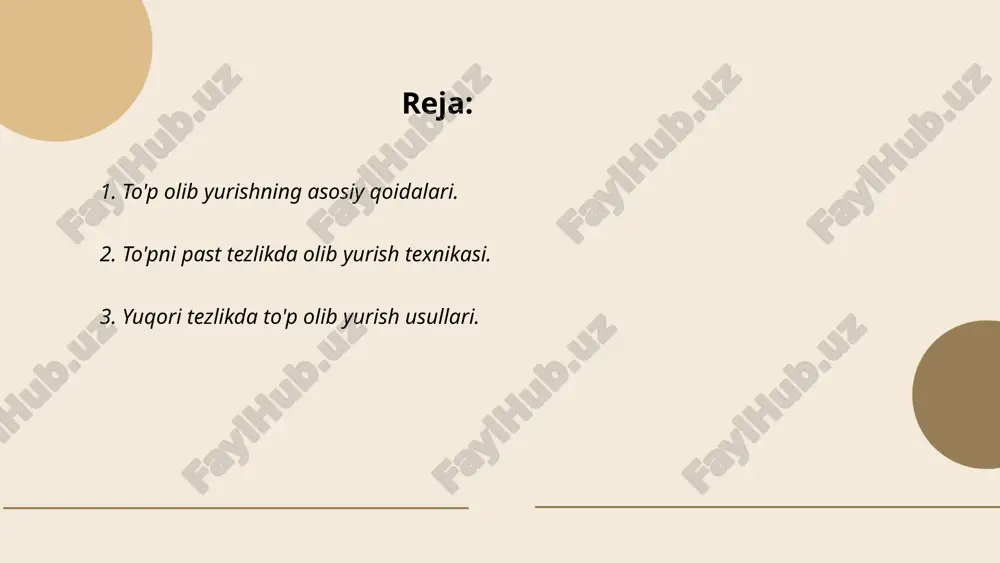 uqoriga ko'tarib, maydonni kuzatish orqali qaror qabul qilish tezligini oshirish mumkin. uchinchidan, to'pni oyoqning ichki yoki tashqi qismi bilan nazorat qilib, raqibning reaksiyasini chaqirib, yo'nalishni tez-tez o'zgartirish lozim. ushbu usulda mashq qilish uchun haftada kamida 3-4 marotaba, har biri 30 daqiqa davomida mashqlar o'tkazish foydalidir. ... t.me/slaydai_bot 4. to'pni oyoq usti bilan olib yurish. to'pni oyoq usti bilan olib yurish futbol texnikasi bo'lib, bu asosan o'yingohda to'pni balandlikda nazorat qilishni o'z ichiga oladi. bu texnikani o'rganishda muhim omillar qatoriga to'pni oyoq ustida muvozanatda ushlab turish, oyoqning yuqori qismini nazorat qilish kiradi. o'rtacha murabbiylar ushbu texnikani mashq qilish uchun 10-15 daqiqalik kunlik mashg'ulotlarni tavsiya qiladilar. mutaxassislar futbolchilar uchun har xil takroriy usullarni qo'llaydilar, jumladan, 20-30 marta ketma-ket urgan holda to'pni tushirmaslik. profi darajadagi o'yinchilar 100 martadan ortiq ketma-ket yurishlari mumkin, bu ularga texnikani mukammal darajada ushlash imkonini beradi. futbol to'pini olib yurish texnikasini o'rgatish metodikasi. pirimqulov hasan e'tiboringiz uchun raxmat! image1.png …