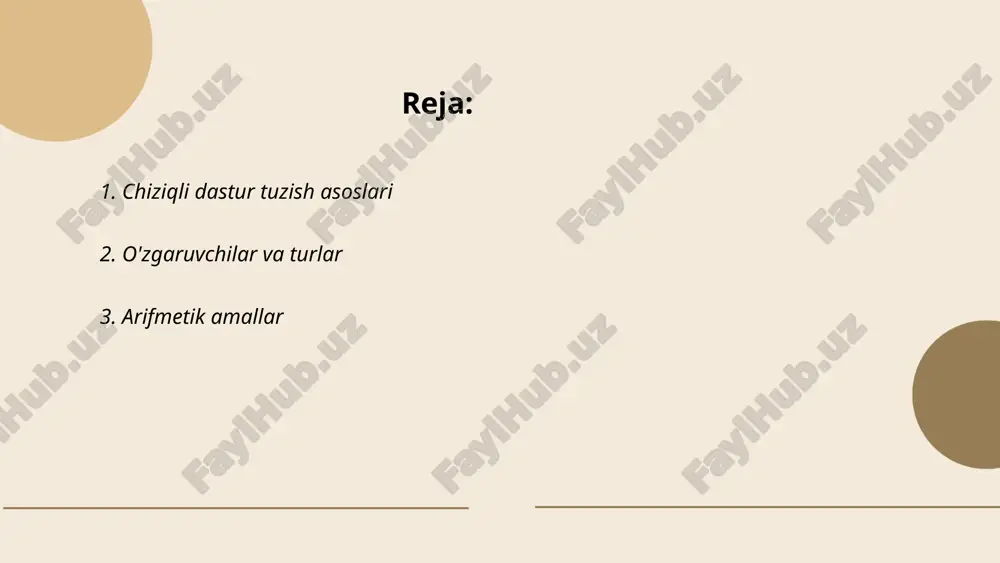 = 5. ko'paytirish amalida sonlar bir-biriga ko'paytiriladi, masalan, 6 × 7 = 42. bo'lishda esa sonlardan biri ikkinchisiga bo'linadi: 20 ÷ 4 = 5. bu amallarning hammasi matematik ifodalarni yechishda asosiy rol o'ynaydi. ... t.me/slaydai_bot 4. input va output operatsiyalari input va output operatsiyalari kompyuter tizimlarida ma'lumotlarni kiritish va chiqarish jarayonlarini ifodalaydi. input operatsiyalari foydalanuvchidan yoki boshqa tizimlardan ma'lumot olish uchun ishlatiladi. masalan, klaviatura, sichqoncha, skaner va kiritish qurilmalari yordamida ma'lumot olinadi. output operatsiyalari esa ma'lumotni foydalanuvchiga yoki boshqa tizimlarga yetkazish uchun javobgardir. monitor, printer va ovoz chiqaruvchi qurilmalar output vositalariga misol bo'ladi. ushbu jarayonlar ma'lumotlarni to'g'ri va samarali tarzda boshqarish uchun muhimdir. shuningdek, operatsiyalarni optimallashtirish tizim faoliyatini oshirishga yordam beradi. ... t.me/slaydai_bot mantiqiy ifodalar va shartli operatorlar dasturlashning muhim qismlaridan biridir. mantiqiy ifodalar "haqiqat" yoki "yolg'on" natijalarni qaytaradi, odatda and (&&), or (||), not (!) kabi operatorlar bilan ishlaydi. shartli operatorlar dastur logikasini boshqarishga yordam beradi, masalan, if, else …