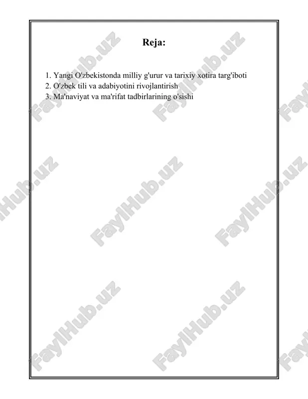 ar milliy tarixni yoritishga va yosh avlodning bilimlarini mustahkamlashga qaratilgan. 7. **mahalliy va xalqaro konferensiyalar**: o'zbekiston har yili o'rtacha 20 dan ortiq tarixiy va madaniy tadbirlarga mezbonlik qiladi. xalqaro va mahalliy mutaxassislar ishtirokida o'tkaziladigan konferensiyalar tarixiy xotirani kuchaytiradi. 8. **ta'lim tizimidagi islohotlar**: o'zbekiston maktablarida tarixiy ta'limning rivojlanishi muhim rol o'ynaydi. har yili 100,000 ga yaqin o'quvchi tarixiy mavzulardagi tanlovlarda ishtirok etadi. 9. **mediyalar roli**: milliy televideniye va radio tuhfatlarida oyiga o'rtacha 500 soat tarixiy mavzulardagi dasturlar efirga uzatiladi. bu dasturlar millionlab tomoshabinlarga tarixiy xotirani yetkazadi. 10. **milliy g'urur ramzlari**: o'zbekistondagi 12,000 dan ortiq maktab va universitetlarda milliy g'urur ramzlari — davlat madhiyasi va bayrog'i kun tartibida doimiy yangilanib turiladi. ushbu raqamlar va faktlar yangi o'zbekistonda milliy g'urur va tarixiy xotira targ'iboti qanchalik muhim o'rin tutishini ko'rsatadi. ushbu ma'lumotlar orqali mamlakatning madaniy va tarixiy boyliklarini saqlash va avlodlarga yetkazish strategiyasi haqida xulosa chiqarish mumkin. 2. o'zbek tili va adabiyotini rivojlantirish oʻzbek …
