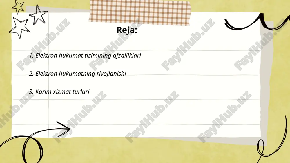 illik o'sish sur'ati 20% ni tashkil etadi. it konsalting xizmatlari mijozlar bazasini 15% oshirdi. loyiha boshqaruvi sohasida 50 dan ortiq muvaffaqiyatli loyiha amalga oshirilgan. karim xizmatlari ko'proq mijozlar jalb qilish uchun onlayn platformalar orqali xizmatlarini kengaytirmoqda. shuningdek, karimning xizmatlari yangi texnologiyalarni joriy qilish va raqamli transformatsiya bo'yicha maslahatlarni o'z ichiga oladi. bu xizmatlar ko'p tarmoqlarda mijozlarga samaradorlikni oshirish va xarajatlarni qisqartirishda yordam beradi. ... t.me/slaydai_bot 4. fuqarolar uchun elektron xizmatlarning qulayliklari fuqarolar uchun elektron xizmatlarning qulayliklari ko'p qirrali va samaralidir. hisob-kitoblarga ko'ra, elektron hukumat xizmatlaridan foydalangan aholining qariyb 85% qulaylik va tezlikni ta'kidlaydi. 2022 yilda 5 milliondan ortiq fuqaro davlat xizmatlarini elektron tarzda olgan. elektron xizmatlar orqali jarayonlar 60% ga qisqarib, hujjat to'ldirish vaqtini taxminan 40% ga tejashga imkon beradi. masalan, pasport olish yoki id karta rasmiylashtirish jarayoni oldingi 10-15 kun o'rniga elektron tizim orqali 3-5 kun ichida hal qilinmoqda. bu qulayliklar aholining kundalik hayotini soddalashtiradi va vaqt talablarini kamaytiradi. …