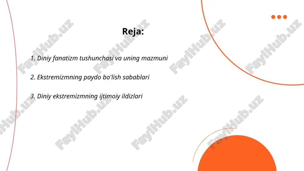 riga ko'ra, dunyoda ekstremizmning ko'payishi global xavfsizlikka jiddiy tahdid solmoqda. ... t.me/slaydai_bot diniy ekstremizmning ijtimoiy ildizlari turli omillardan kelib chiqadi. iqtisodiy nochorlik, ishsizlik va taʼlimga yetishmovchilik ekstremizmga moyillikni oshirishi mumkin. jamiyatda adolat va tenglikning yoʻqligi qatorida siyosiy beqarorlik ham diniy ekstremistik harakatlarning kuchayishiga zamin yaratadi. yoshlar oʻrtasida radikal gʻoyalarga moyillikni kamaytirish uchun samarali taʼlim tizimi va ijtimoiy integratsiyani taʼminlash muhimdir. tadqiqotlar shuni koʻrsatadiki, diniy ekstremizmga qoʻshilganlarning koʻpi yosh va ijtimoiy-iqtisodiy qiyinchiliklar tufayli ekstremistik guruhlarga qoʻshiladi. ijtimoiy imtiyozlar va bandlik imkoniyatlari kamaygani sayin ekstremizmning kuchayishi ehtimoli ham ortadi. ... t.me/slaydai_bot 4. tarixda diniy fanatizm namunalari diniy fanatizm tarixda ko‘plab fojiali voqealarga sabab bo‘lgan. xi-xiii asrlarda salib yurishlari bu fanatizmning yorqin namunasidir; xristian davlatlari musofirlarni xochli urushlar orqali qaytarish uchun 1095-1291 yillarda yaqin sharqqa hujum qilishgan. xvi asrda ko‘p sonli protestantlar va katoliklar o'rtasida evropada qonli urushlar bo‘lgan. nawruz inqilobi mafkurasi ostida 1844-1850 yillarda xitoyda taiping isyoni chiqqan va bu, 20 milliondan …