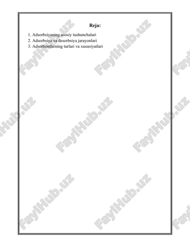 ensivligini va adsorbentning qobiliyatini belgilaydi. adsorbentlar: adsorbsiya jarayonida ishlatiladigan adsorbentlar juda muhim ahamiyatga ega. ular orasida ko'mir, silika geli, aluminat jel, zeolitlar va boshqalar kiradi. adsorbentlarning yuzasi va ularning fizik-kimyoviy xususiyatlari adsorbsiyaning samaradorligini belgilaydi. ilovalari: adsorbsiyaning keng ko'lamli ilovalari mavjud. masalan, havo va suvni tozalashda, kimyoviy va neft sanoatida, tibbiyotda (qon tozalash, dori moddalari chiqarish va boshqalar) va boshqa ko'plab sohalarda qo'llaniladi. mexanizmlari: adsorbsiyaning mexanizmlari turli xil bo'lishi mumkin. birinchidan, molekulalar adsorbent yuzasiga qadar diffuziyalanadi. ikkinchidan, yuzadagi faollashgan joylarga birikish sodir bo'ladi. axir, adsorbatning bir qismi adsorbentning ichki qatlamlariga diffuziyalanishi mumkin, bu esa intratizim diffuziya deb ataladi. termodinamika: adsorbsiyaning termodinamik parametrlari adsorbent va adsorbat o'rtasidagi o'zaro ta'sir kuchlarini o'rganishga yordam beradi. enthalpiya o'zgarishi (\( \delta h \)), gibbs erkin energiyasi (\( \delta g \)) va entropiya o'zgarishi (\( \delta s \)) kabi kattaliklar bu jarayonni aniq ta'riflashga hissa qo'shadi. kinetika: adsorbsiyaning kinetikasi jarayonning tezligini va vaqt oralig'ida qanday o'zgarishini o'rganadi. …