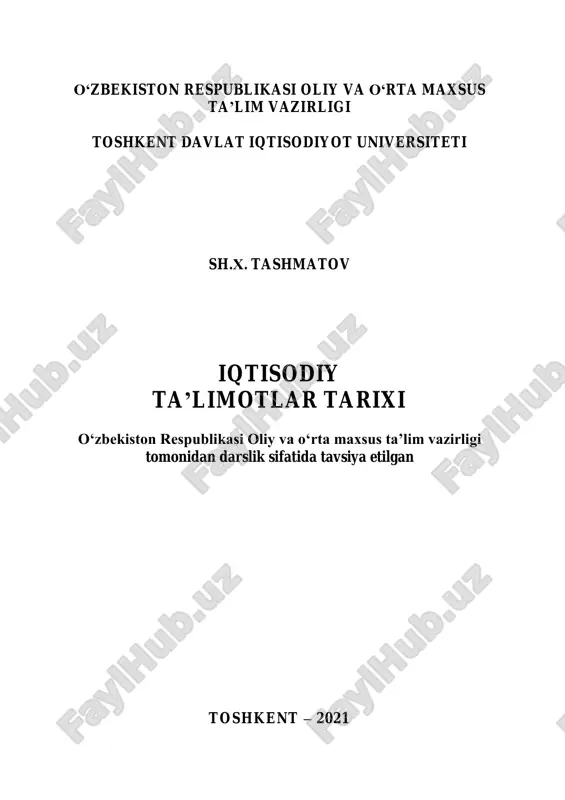 b bo‘yicha hulosalar …………………………………… 29 nazorat savollari…………………………………………..… 29 2-bob qadimgi dunyo iqtisodiy ta’limotlar….… 31 2.1. ilk iqtisodiy fikrlar. qadimgi bobil davlatining g‘oyalari….. 31 2.2. qadimgi sharqdagi iqtisodiy fikrlar………………………… 35 2.3. zardo‘shtiylik (avesto)dagi iqtisodiy g‘oyalar……………… 41 2.4. qadimgi gretsiyadagi iqtisodiy fikrlar……………………… 45 2.5. qadimgi rimdagi iqtisodiy qarashlar……………………….. 51 2-bob bo‘yicha hulosalar ……………………………………. 55 nazorat savollari………………………..…………………… 56 3-bob feodal jamiyati va uning emirilishi davridagi iqtisodiy ta’limotlar.…………… 58 3.1. feodalizm davrining o‘ziga xos xususiyatlari…………….... 58 3.2. «buyuk ipak yo‘li»ning markaziy osiyoda iqtisodiy munosabatlar rivojlanishidagi o‘rni………………...………. 59 3.3. islom ta’limotida iqtisodiy qarashlar……………………….. 63 3.4. ibn xoldunning iqtisodiy qarashlari………………………... 69 3.5. o‘rta asr g‘arbiy yevropa va rossiyadagi iqtisodiy g‘oyalar 71 3.6. o‘rta asr utopiyalari: tomas mor va tommazo kampanella. 77 3-bob bo‘yicha hulosalar …………………………………… 80 nazorat savollari…………………..………………………… 82 4-bob o‘rta osiyodagi temuriylar davrigacha bo‘l-gan iqtisodiy g‘oyalar…………………... 83 4 4.1. marg‘inoniy “hidoya” asarida iqtisodiy fikrlar…………….. 83 4.2. forobiy asarlarida ehtiyoj, mehnat, mehnat taqsimoti, inson omilining yoritilishi…………………….…………………… …