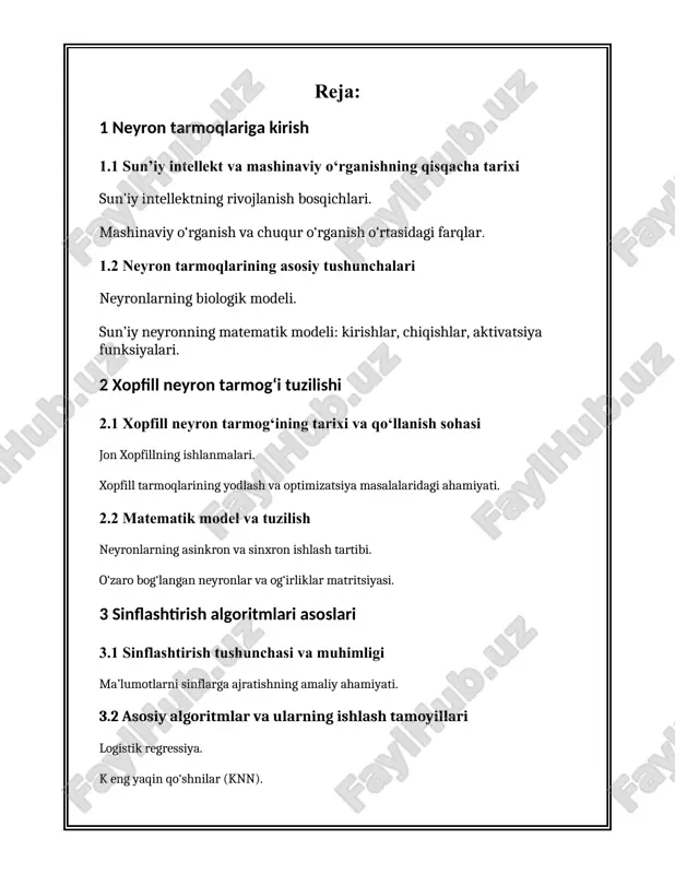 moqlar (feedforward neural networks - fnn): bu turdagi tarmoqlarda ma'lumotlar bir qattiqga kirib, qatlamlarda qayta ishlanib, chiqishga chiqariladi. - qaymova qatlamli neyron tarmoqlar (recurrent neural networks - rnn): bu turdagi tarmoqlarda kiruvchi ma'lumotlar bilan qayta bog'lanish qatlamlari mavjud bo'lib, bu esa vaqt ketma-ketliklarida ishlash imkoniyatini beradi. - konvolyutsion neyron tarmoqlar (convolutional neural networks - cnn): asosiy vazifa tasvirlarni qayta ishlash, ularni tasniflash va ob'ektni tanish jarayonlarini amalga oshirishdan iborat. ushbu neyron tarmoq odatda bir nechta konvolyutsiya qatlamlaridan tashkil topadi. - transformerlar: bu tarmoq tabiiy tilni qayta ishlashda (nlp) ishlatiladi va hozirgi kunda juda muvaffaqiyatli hisoblanadi. statistik ma'lumotlarga ko'ra: 1. neyron tarmoqlarining umumiy samaradorligi va aniqligi sun'iy intellekt ilovalarida, xususan, tasvirlarni aniqlash va ovozni tanishda 90% dan ortiq bo'lishi mumkin. 2. ularning mashina o'rganish va deep learning tarmoqlari bo'yicha mash'alarning o'rtacha aniqligi, ma'lumotlar va arxitekturalarga qarab, odatda 70-95% o'rtasida bo'ladi. 3. konvolyutsion neyron tarmog'i (cnn) orqali bajarilayotgan tasvirni tasniflash vazifalari 98% …