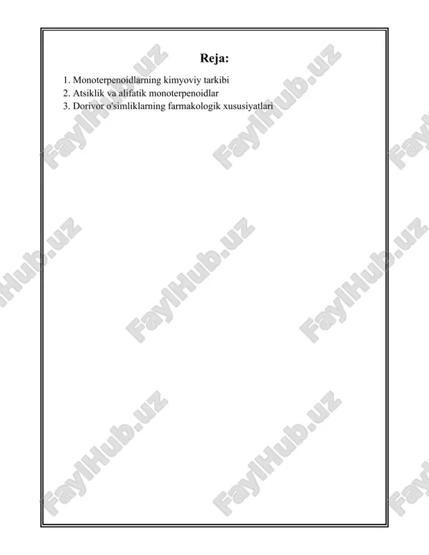 asi c10h20o va u qutbli spirt guruhiga ega. mentol tabiiy holda bir nechta izomerik shakllarda mavjud bo'lib, ularning ko'pchiligi mentolning kristallik va hydrosoptik xususiyatlariga ega, bu esa uning tibbiy va kosmetik mahsulotlarda keng qo'llanilishiga sababdir. kamfen, yana bir muhim monoterpenoid, molekulyar formula c10h16 bilan ifodalanadi va turli xil stereoizomerik shakllarda mavjud. kamfen bir nechta tsiklik strukturalar tomonidan belgilangan bo'lib, uning umumiy xossalari har xil barqarorliklar va kimyoviy faoliyatlar bilan bog'liq. kamfenning tsiklik va tsiklik bo'lmagan izomerlari ularning fizik va kimyoviy xossalariga katta ta'sir ko'rsatadi. linalool, molekulyar formulasi c10h18o bo'lgan monoterpenoid, turli xil gul va mevalarning mazmunida mavjud. linaloolning ikki izomerik shakli, r-linalool va s-linalool, mavjud bo'lib, ularning har biri turli xil hid va xususiyatlar bilan farq qiladi. izomerlarning qanday tarkibiy o'zgarishi linaloolning aromatik va terapevtik xususiyatlarini belgilaydi. geraniol, yana bir muhim monoterpenoid, molekulyar formulasi c10h18o, va u gul hidli monoterpenoidlar oilasiga kiradi. geraniolning unga xos ikki xil stereoizomerik shakllari mavjud …