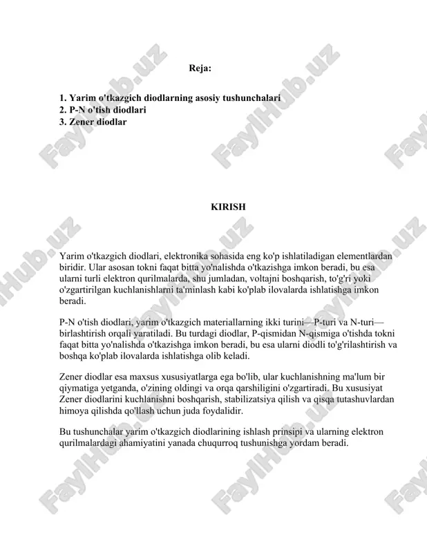ikki turdagi materiallardan, ya’ni p turi va n turidagi yarim o'tkazgich materiallardan iborat bo'lib, ularning o'zaro bog'lanishi pn o‘tish hosil qiladi. diodlar o'z vazifalarini bajarishi uchun asosiy element va tamoyillar shular hisoblanadi: pn o'tish, asimetrik o'tkazuvchanlik, va o'ziga xos kuchlanish xususiyatlari. pn o'tish - bu p turi va n turi materiallar orasida o'tish nuqtasi. p turi yarim o'tkazgich ortiqcha teshiklarga ega bo'lib, bu esa musbat zaryad tashuvchilar sifatida harakat qiladi. n turi esa erkin elektronlarga ega va manfiy zaryad tashuvchilar sifatida harakat qiladi. bu materiallar orasidagi o‘tish hududida zaryad tashuvchilar diffuziyasi natijasida o‘z-o‘zidan hosil bo‘lgan elektr maydon hosil bo‘ladi. bu zonaya depletion zone (yoki barriers layer) deyiladi. diodning asimetrik o'tkazuvchanligi shuni anglatadiki, diod bir yo'nalishda elektr tokini o'tkazadi, boshqa yo'nalishda esa deyarli o'tkazmaydi. to'g'ri yo'nalish (forward bias) holatida p qatlami ijobiy, n qatlami esa manfiy kuchlanishga ulanganda diod ochiladi va tokni o'tkazadi. teskari yo‘nalishda (reverse bias) kuchlanish qo‘llanganda esa diod …