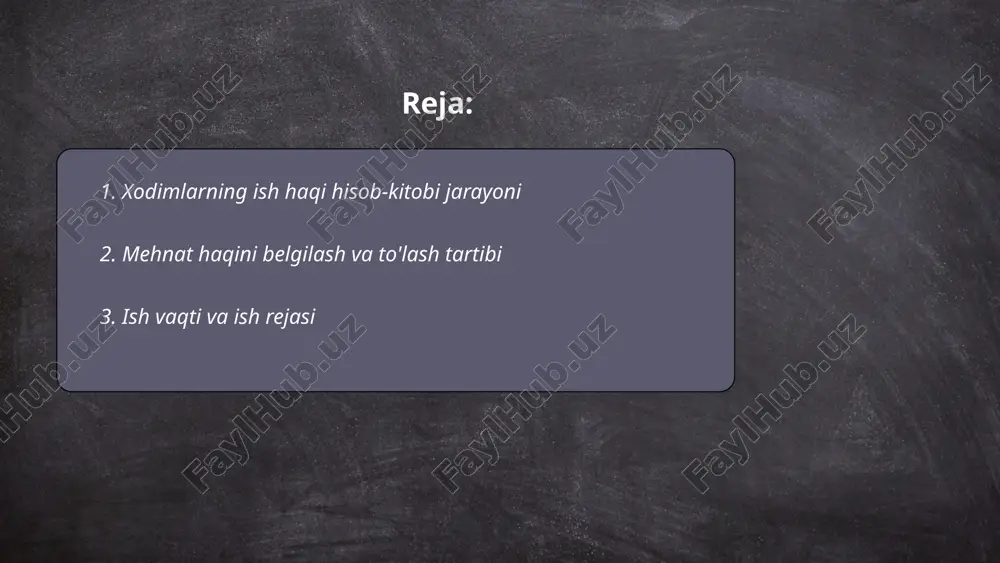 azifalar ajratiladi. u odatda boshlang'ich yig'ilishda muhokama qilinadi va har hafta yangilanadi. samaradorlikni oshirish uchun vaqtni boshqarish usullari, masalan, pomodoro usuli yoki gantt diagrammalari qo'llanilishi mumkin. to'g'ri reja tuzish va vaqtni boshqarish xodimlar uchun stressni kamaytiradi va mahsuldorlikni oshiradi. ... t.me/slaydai_bot 4. mehnat haqidan soliq va ajratmalar mehnat haqi ustidan soliq va ajratmalar quyidagi tartibda hisoblanadi: ish beruvchilar mehnat haqidan 12% miqdorida daromad solig‘ini ushlab qoladilar. bundan tashqari, ijtimoiy sug‘urta uchun 1% ajratma amalga oshiriladi. mehnat daftarchasi uchun pensiya jamg‘armasiga 0,1% ajratma qilinadi. soliq kodeksiga ko‘ra, pensiya jamg‘armasiga 8% majburiy ajratma amalga oshirilishi kerak. bu ajratmalar ish beruvchi tomonidan amalga oshiriladi va davlat idoralariga o‘tkaziladi. ushbu soliq va ajratmalarning umumiy foizi 21,1% ni tashkil etadi, bu esa ishchilarning daromadiga bevosita ta'sir qilishi mumkin. ... t.me/slaydai_bot mehnat shartnomalari ishchi va ish beruvchi o‘rtasidagi huquqiy munosabatlarni belgilovchi hujjatlardir. ular vaqtli, muddatsiz va ma'lum bir ishlarni bajarish uchun tuzilishi mumkin. vaqtli shartnomalar odatda …