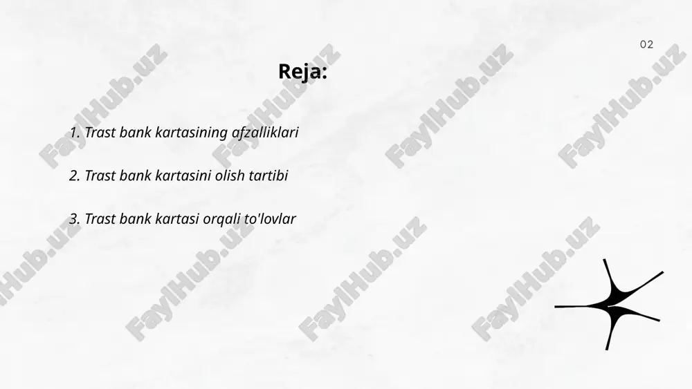 vlar amalga oshirishadi. shuningdek, trast bank kartalari kontaktless to'lovlarni qo'llab-quvvatlaydi va bu orqali maksimal 1 million so'mgacha bo'lgan to'lovlarni tezkor amalga oshirish imkoniyatini beradi. ... t.me/slaydai_bot 4. trast bank kartasining ishlash muddati trast bank kartasining ishlash muddati odatda 3 yilni tashkil etadi. bu muddati tugashidan oldin, bank kartani yangilash jarayonini boshlaydi va mijozlarga yangi karta taqdim etadi. agar karta muddati tugasa va u yangilanmasa, karta ishlamaydi va tranzaksiyalar amalga oshirilmaydi. karta muddatini ko'rish uchun kartaning old tomonidagi raqamlarni tekshirish lozim, u yerda oyning oxiri formatida ko'rsatilgan (oy/yil, masalan, 08/25). kartani o'z vaqtida almashtirish muhim, chunki undan keyin bankomatlar va savdo joylarida to'lovlarni amalga oshirish imkoniyati bo'lmaydi. ... t.me/slaydai_bot 5. trast bank kartasida xavfsizlik choralari: trast bank kartangiz xavfsizligini ta’minlash uchun pin kod, parol va boshqalarni sir saqlang. kartangiz ma’lumotlarini telefon orqali yoki internetda hech kimga aytmang. transaksiyalarni kuzatib boring va shubhali harakatlarni sezsangiz, darhol bankka xabar bering. bank ommaviy wi-fi …