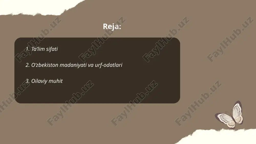 30 foizgacha oshirishi mumkin. tuyg'u va qo'llab-quvvatlashning yetishmasligi bolalarda xulq-atvor muammolarini 20 foizga oshiradi. oiladagi muloqot darajasi past bo'lgan mamlakatlarda o‘smirlar orasida stress 25 foizga ko‘proq kuzatiladi. shuningdek, yaqinroq oilaviy aloqalar sog'lom turmush tarzini targ'ib qiladi va yoshlarning 15 foizga kamroq xavfli harakatlar qilishiga yordam beradi. ... t.me/slaydai_bot 4. moliyaviy ahvol moliyaviy ahvol mavzusida qisqacha ma'lumot: o‘zbekiston respublikasi davlat byudjetining daromad qismi asosan soliqlar va boshqa tushumlar hisobidan shakllanadi. 2022-yilda umumiy daromadlar 142,4 trillion so‘mni tashkil etgan. iqtisodiyotning o‘sish sur’ati 5,7% bo‘lgan bo‘lsa, inflyatsiya darajasi 11,7% atrofida qayd etilgan. davlat qarzi yalpi ichki mahsulotning 40,6% ini tashkil etadi. bank sektoridagi aktivlar miqdori 462 trillion so‘mga yetgan bo‘lib, bu o‘tgan yilga nisbatan 15% o‘sishni ko‘rsatadi. 2023-yil byudjetida iqtisodiy o‘sish prognozi 5,0% deb belgilangan. ... t.me/slaydai_bot bilim olishga qiziqish hozirgi kunda ko'plab omillar ta'siri ostida oshmoqda. 2021-yilgi statistika ma'lumotlariga ko'ra, o‘zbekiston aholisining 60% dan ortig‘i 30 yoshgacha bo‘lgan yoshlarni tashkil etadi. ta'limga …