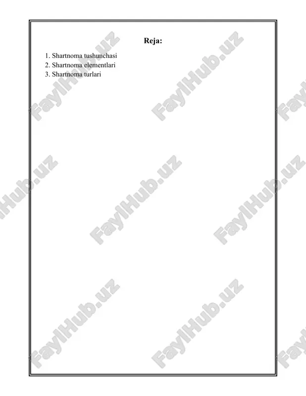 shartnomaga kirishayotgan taraflar aniq belgilanishi kerak. - **shartnoma predmeti**: shartnomaning asosiy mazmuni yoki ob'ekti aniq ko'rsatilishi lozim. - **muhim shartlar**: shartnoma doirasidagi tomonlarning asosiy huquq va majburiyatlari aniq yozib qo'yilishi talab etiladi. - **muddat va amal qilish shartlari**: shartnomadagi harakatlar qaysi muddatlarda va qanday shartlar asosida bajarilishi ko'rsatilishi lozim. shartnoma yuridik kuchga ega bo'lishi uchun ba'zi falsifikatsiya talablarini bajarishi kerak. bu talablar, masalan, shakl, notarial tasdiqlash va davlat ro'yxatidan o'tkazish kabilar bo'lishi mumkin. ba'zi huquqiy tizimlarda ayrim turdagi shartnomalar faqat yozma shaklda va notarial tasdiqlash orqali yuridik kuchga ega bo'ladi. 1980 yilda bmt qoshida xalqaro savdoga oid vena konvensiyasi (cisg) qabul qilindi. ushbu konvensiya xalqaro tovarlar sotish bo'yicha shartnomalarni tuzish, bajarish va talqin qilish qoidalarini belgilaydi. bugungi kunga kelib, 90 dan ortiq davlatlar cisgga qo'shilgan. bu esa xalqaro savdo munosabatlarida shartnomaning ahamiyatini yanada oshiradi. o'zbekiston respublikasi shuningdek, xalqaro savdo munosabatlarini tartibga soluvchi turli xalqaro konventsiya va shartnomalarga ham qo'shilganligi sababli, …