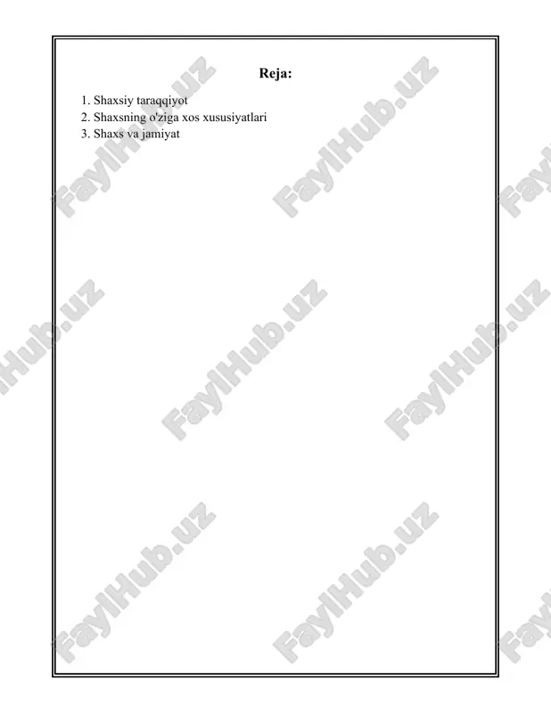 shaxsiy o'sish ustida ishlaydigan insonlar depressiyaga 40% kamroq moyil bo'lishadi. 6. **rivojlanishga yaqllashuv**: - aqshda asoslangan amerikanqoms survey institutining tergov natijalariga ko'ra, 83% respondentlar shaxsiy rivojlanish kitoblari va resurslaridan foydalanganliklarini tasdiqlashgan. - dunyoda shaxsiy rivojlanishga ajratiladigan xilma-xil resurslar yili 2019 dan 2021gacha 13% ga oshdi, bu so'nggi yillarda shaxsiy taraqqiyotga bo'lgan e'tiborni ko'rsatadi. 7. **innovatsion metodlar va texnologiyalar rol’i**: - onlayn ta’lim platformalari orqali shaxsiy taraqqiyot dasturlaridan foydalanuvchilar soni 2018 yildan beri har yili 35% o'sganini ko'rsatmoqda. - digital marketing sohasidagi tahlillar, shaxsiy brending va o'quvchilarga yo‘naltirilgan platformalarga bo'lgan qiziqishni 42% ga oshirganini kayd etgan. bular shaxsiy rivojlanish bo‘yicha jahon miqyosida to‘plangan ma’lumotlardan bir qancha misollardir. har bir kishi o‘z shaxsiy maqsadlariga ko‘ra, taraqqiyot yo‘nalishini tanlashi va rivojlanish strategiyalarini ishlab chiqishi mumkin. o'z bilim va ko'nikmalarini oshirishga intilgan odamlar jamiyatda yuqori o'rinlarga ko'tarilishga tayyor bo'lishadi. 2. shaxsning o'ziga xos xususiyatlari shaxsning o'ziga xos xususiyatlari deganda, insonning shaxsiyatini, uning yondashuvi va …