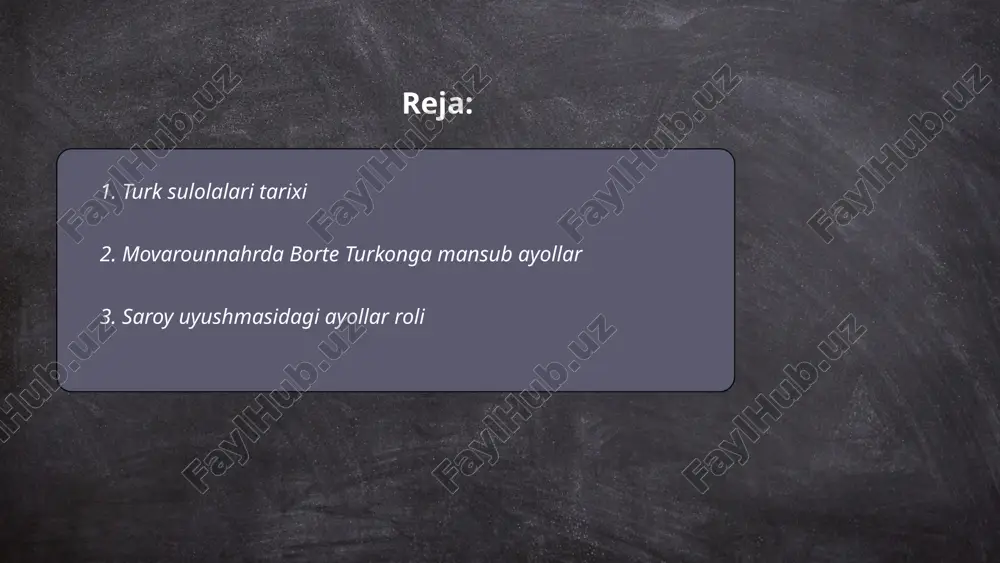 lar asosan san'at, adabiyot va siyosatda muhim rol o'ynashgan. ular o'z bilim va ijodini sultonga yaqin bo'lish uchun foydalanganlar. masalan, nurjahon begim (1577-1645) mug'al imperiyasida siyosiy kuchga ega bo'lgan. saroyda odatda 50-100 nafar ayol xizmat qilgan, ular orasida shoir yoki musiqachilar ham bo'lgan. ba'zi manbalarga ko'ra, usmoniy imperiyasida haremlar sariyog' boshi ayollaridan biri afsuslanmaydigan kuchli ta'sirga ega bo'lgan. ayollar ijodi esa, masalan, usmoniy shoiri mihri xotunning ijodiy merosi, keyinchalik ko'plab adabiy asarlarida aks etgan. bu ayollar saroyda ko'p qirrali vazifalarni bajarganlar va madaniy rivojlanishga hissa qo'shganlar. ... t.me/slaydai_bot 4. xiva xonligi boshqaruvi davrida malikalarning ahamiyati xiva xonligi boshqaruvi davrida malikalarning ahamiyati katta bo'lgan. xiva xonligida malikalarning ijtimoiy va siyosiy roliga katta e'tibor qaratilgan. ular ko'pincha diplomatik aloqalarda va sulollarni mustahkamlashda muhim rol o'ynashgan. malika qutlugʻ turkan ogʻa juda katta ta'sirga ega bo’lgan, u davlat boshqaruviga faol aralashgan. 18-asr oxiri va 19-asr boshlarida malikalarning ahamiyati yanada ortib, ular sulolaning davomchilarini tarbiyalash …