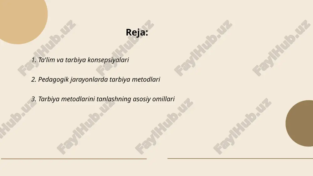 bogʻliq. didaktik maqsadlar, oʻquv dasturi talablari va resurslar mavjudligi ham muhim. tarbiyaviy faoliyat mazmuni va pedagogik sharoitlar nazarda tutiladi. amalga oshiriladigan metodlar oʻquv jarayonining samaradorligiga taʼsir qiladi. shuningdek, zamonaviy texnologiyalar, pedagogning malakasi va tajribasi, hamkorlikda taʼlim olish imkoniyatlari o‘rganiladi. metodlar tanlashda milliy urf-odatlar, anʼanalar va ilmiy tadqiqot natijalari hisobga olinadi. psixologik muhit va guruh dinamikasi ham e'tiborga olinishi lozim. bu omillar kombinatsiyasi optimal tarbiya usulini belgilaydi. ... t.me/slaydai_bot 4. individuallik va ijtimoiy muhitning tarbiyaga ta'siri individuallik va ijtimoiy muhitning tarbiyaga ta'siri katta ahamiyatga ega. individuallik shaxsning o'zi o'rnida mustaqil holda shakllanishida muhim rol o'ynaydi. ijtimoiy muhit esa oilaviy, maktab, do'stlar va kengash sharoitlari orqali rivojlanishiga ta'sir qiladi. masalan, oila muhiti bolalarning 60-70% shaxsiy xususiyatlarini shakllantirishi mumkin. maktab muhiti esa bilim va ko'nikmalarni 30-40% darajasida rivojlantiradi. do'stlar guruhi esa odatda 20-30% ijtimoiy ko'nikmalarni mustahkamlaydi. shu sababli, individ va ijtimoiy muhitning uyg'unligi tarbiyada katta ma'noga ega bo'ladi. barcha bu omillar birgalikda shaxsning …
