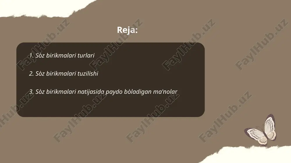 malaridagi ma'no ko'pincha kontekstga bog'liq bo'ladi. shuningdek, bunday birikmalar turli xil ma'nilarni ifodalashi mumkin bo'lgan frazeologizmlar yaratadi, masalan, "oydek ravshan". ... t.me/slaydai_bot 4. sòz birikmalari sintezi sòz birikmalari sintezi mavzusi uzbek tili va grammatika qoidalarida muhim o‘rin tutadi. sòz birikmalari — bu ikki yoki undan ortiq so‘zlarning ma’lum bog‘lanish qonuniyatlari asosida hosil qilingan birligidir. bu hodisa sintaksis qoidalarida ko‘riladi va so‘zlarning turli komponentlarini birlashtirishi orqali yangi ma’no yaratishga xizmat qiladi. masalan, "yangi kitob" yoki "tezkor yordam" kabi birikmalar sodda va qo‘shma so‘zlardan iborat bo‘lishi mumkin. sòz birikmalari sintezida asosiy omillar: so‘z tartibi, grammatik moslik va ma’nodagi uyg‘unlikdir. sintez jarayonida so‘zlarning lug‘aviy va grammatik mas’uliyati muhimdir. ... t.me/slaydai_bot sòz birikmalarining morfologik xususiyatlari haqidagi ma'lumotlar turli komponentlarning turkumlarini tushunishni talab qiladi. sòz birikmalarida asosiy va yordamchi komponentlar mavjud. asosiy komponent, odatda, ot, sifat yoki fe'l bo'lib, buyruq beradi. yordamchi komponent esa bog'lovchi vazifasini bajarib, so'z birikmasining ma'nosini boyitadi. morfologik jihatdan, bu komponentlar …