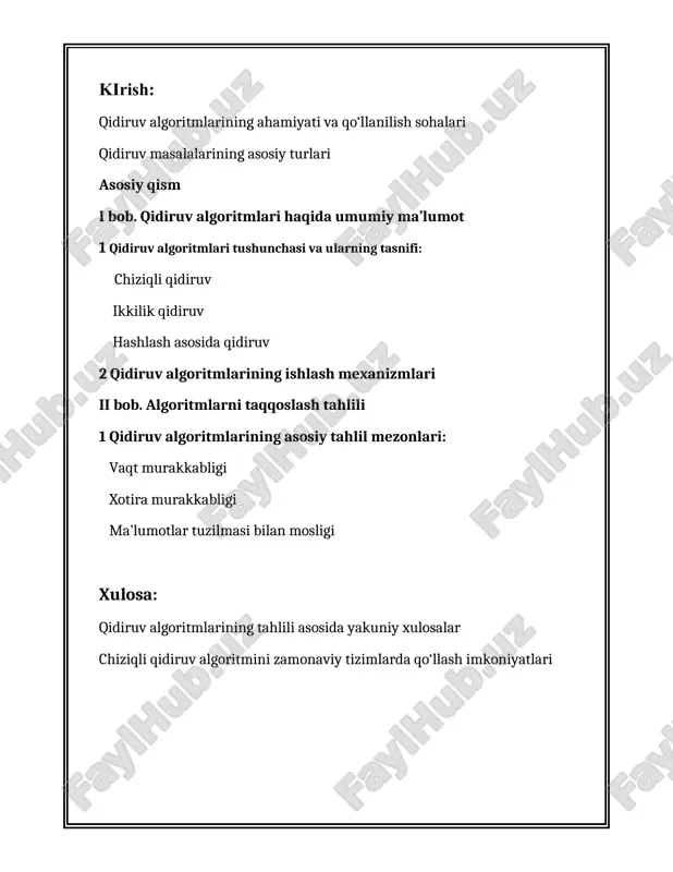 gan element bilan taqqoslanadi. agar qidirilayotgan element kichikroq bo'lsa, qidirish massivning chap yarmida, aks holda - o'ngda davom etadi. jarayon element topilmaguncha yoki tekshirilishi kerak bo'lgan boshqa elementlar qolmaguncha takrorlanadi. ikkilik qidiruvning vaqt murakkabligi o(log n) dir, bu chiziqli qidiruvga qaraganda ancha tezdir. satrlarni qidirish kontekstida katta ilovalar matnli ma'lumotlar bilan shug'ullanadi, ular samarali pastki qator qidirish algoritmlarini talab qiladi. shunday algoritmlardan biri knuth-morris-pratt (kmp) algoritmidir. kmp algoritmi massivning "qisman mosligini" yaratish uchun naqshni (qidirilayotgan pastki qatorni) oldindan qayta ishlashdan foydalanadi, bu esa keraksiz tekshiruvlarni o'tkazib yuborishga yordam beradi. bu algoritmni sodda pastki qator qidirish algoritmiga qaraganda samaraliroq qiladi, vaqt murakkabligi o (n + m), bu erda n - matn uzunligi va m - naqsh uzunligi. boyer-mur amalda samarali ekanligi ma'lum bo'lgan yana bir pastki qator qidirish algoritmidir. matnning ayrim qismlarini o'tkazib yuborish uchun matn va naqsh ma'lumotlaridan foydalanadi. asosiy g'oya naqshni chapdan o'ngga emas, balki o'ngdan chapga matnga solishtirishdir, …