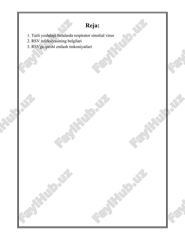 lar o‘limiga sabab bo‘ladi. dunyo bo‘yicha taxminan 100 000 dan 200 000 gacha yosh bola rsv tufayli hayotini yo‘qotadi. 5. imkoniyatsiz faktorlar: chaqaloqlarning muddatidan oldin tug‘ilishi, past tana vazni, oilaviy anamnezda astma yoki yashash sharoitlari kabi omillar rsv infektsiyasining og‘ir kechishiga ta'sir etuvchi muhim faktorlaridir. 6. emizish va himoya: emizish rsvga qarshi ma'lum himoya darajasini ta’minlashi mumkin, chunki ona sutidagi antikorlar chaqaloqni bu infektsiyalardan himoya qiladi. statistik ma'lumotlar rsvning eng kamida 18 numfiyalarda rsvga qarshi yuqori sezuvchanlik mavjudligini ko‘rsatmoqda. 7. og‘ir infektsiyalarda davolash: rsvga qarshi maxsus vaksina mavjud emas, lekin ba'zi antiviral dorilar qisqa muddatli himoya vazifasini bajarishi mumkin. qo‘shimcha qilib, jiddiy holatlarda nafas olishni qo‘llab-quvvatlovchi yordam beruvchi vositalar ishlatiladi. 8. profilaktika va xavfsizlik choralari: rsv tarqalishini oldini olish uchun qo‘lni tez-tez yuvish, yuqtirilganlar bilan aloqani cheklash, va umumiy gigiyenik qoidalarga rioya qilish tavsiya etiladi. bolalar bog'chalari va maktablarda rsv tarqalishini cheklash uchun bu muhim choralar hisoblanadi. yuqoridagi ma’lumotlar rsvning …