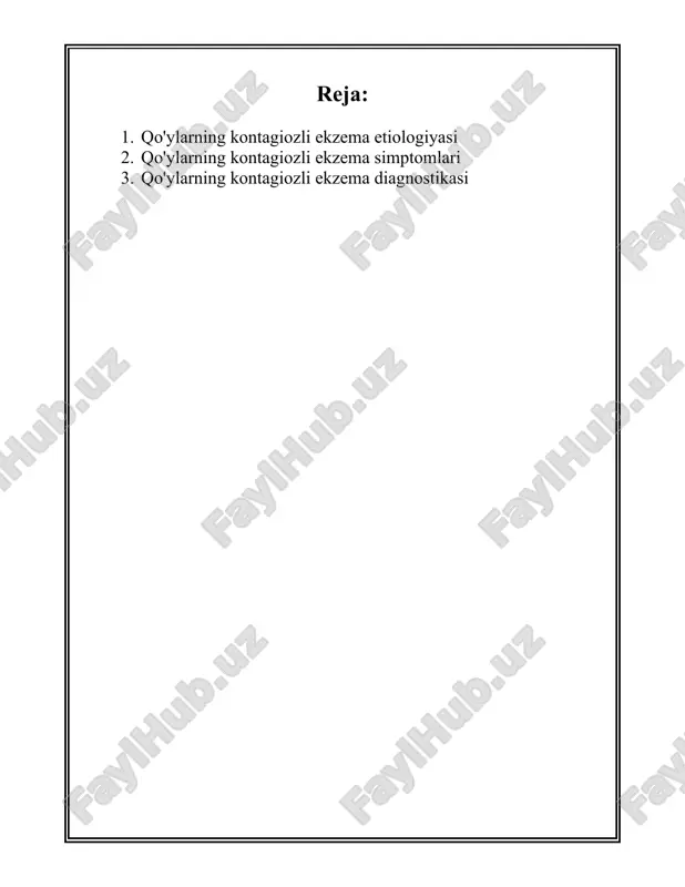 virus asosan ifloslangan yemish va suv orqali yuqadi. shuningdek, yuqtirish qo‘ylarning bir-biriga yaqin yashash joylarida va qiyoslanadigan sharoitlarda osonroq tarqaladi. kam gigiyena va sanitariya sharoitlari kasallik tarqalishiga keng hissa qo‘shadi. 6. **nazorat va oldini olish**: kasallikka qarshi eng samarali usullardan biri — yaxshi gigiyena sharoitlarni ta'minlash va kasallik belgilari aniqlanadigan hayvonlarni alohidalashdir. shuningdek, go‘sht va sutni yana ishlatilishdan avval qaynoq suvda ishlov beradi. 7. **profilaktika va immunizatsiya**: hozirgi kunda qo‘ylarning kontagiozniy ekzemasi uchun maxsus vaksinalar mavjud emas, lekin umumiy sanitariya ishlarini bajarish orqali kasallik tarqalishini oldini olish mumkin. virus mavjud bo‘lgan hududlarda muntazam ravishda hayvonlarni tekshirish va sog‘lomlashtirish ishlarini olib borish tavsiya etiladi. 8. **davolash**: kasallik, odatda, o‘z-o‘zidan bir necha hafta ichida chekinadi, ammo ikkinchi darajali bakterial infeksiyalarni oldini olish uchun antiseptik vositalar yoki antibiotiklar qo‘llanilishi mumkin. mahalliy antiseptiklar bilan yara-jarohatlar tozalanishi kerak. ushbu ma'lumotlar asosida, qo‘ylarning kontagiozniy ekzema kasalligi, asosan, kontagiozlikka, ya'nikim virusning yuqishiga tayanadi. hayvonlar orasida tarqalmoqda, lekin …