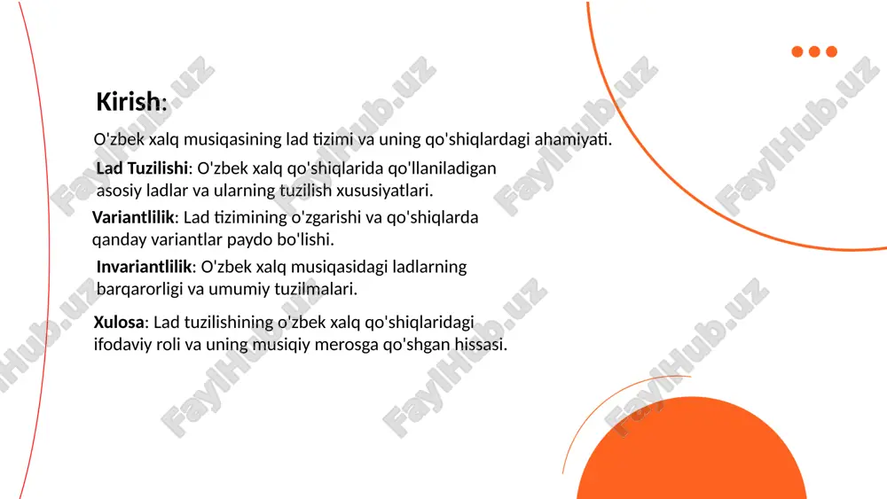 ning variantliligi o'zbek xalq ladlari turli variantlarga ega bo'lib, ular mintaqaviy, etnik va tarixiy omillar ta'sirida shakllangan. har bir viloyat va qishloqda ladlarning o'ziga xos variantlari mavjud. masalan, surxondaryo va qashqadaryo ladlari o'zining o'ziga xos qirralari bilan ajralib turadi. shu bilan birga, xorazm va farg'ona vodiysi ladlari ham o'ziga xos uslubiy jihatlari bilan farqlanadi. o'zbek ladlarining variantliligi ulardagi ritm, melodiya va maqomlarning o'zgarishi bilan ko'zga tashlanadi. bular xalq musiqasining boyligi va xilma-xilligini ko'rsatuvchi muhim omillardir. o'zbek xalq ladlari turli so'ngsiz imkoniyatlar va ijodiy shakllanish jarayonlari mazmunini o'zida saqlaydi. ... t.me/slaydai_bot o'zbek musiqasida qo'shiqlarda ishlatiladigan asboblar ichida doira, dutor, rubob, nay va tanbur alohida ajralib turadi. ushbu asboblar o'ziga xos tembr va tovushlari bilan tanilgan. ladlar bo'yicha o'zbek musiqasida maqomlar keng qo'llaniladi: buzruk, rost, navo, dugoh, segoh, iroq va chorgoh kabi maqomlar diatonik va pentatonik ladlardan tashkil topgan. har bir maqom turi o'zining noyob tovush qatori va tuzilmasi bilan ajralib turadi, …