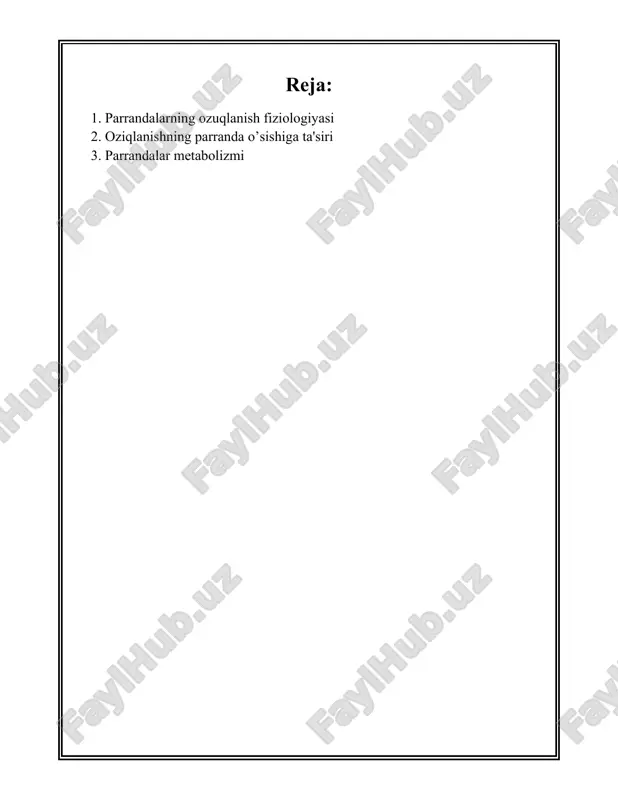 m beradi. vitamin e antioksidant rolini o'ynaydi va hujayralarni erkin radikallardan himoya qiladi. b gruppasidagi vitaminlar esa metabolizm jarayonlarini ta'minlaydi. ozuqada vitaminlarning me'yori har xil bo'lib, ko'pincha milligram yoki mikrogram bilan o'lchanadi. 5. **mineral moddalar:** kalsiy va fosfor moddalari tuxum qatlamasi va suyaklarning mustahkam bo'lishida muhim rol o'ynaydi. ayniqsa, tuxum qo'yadigan tovuqlar uchun kalsiy miqdorining yuqori bo'lishi talab qilinadi. parranda ozuqasida kalsiy miqdori taxminan 3-4% atrofida bo'lishi tavsiya etiladi. shuningdek, rasionda mikroelementlar, masalan, temir, marganets, sink, mis ham kerakli miqdorda bo'lishi zarur. ular parranda o'sishi, reproduktiv salohiyat va immun tizimi uchun zarur. parranda boqishda ozuqaviy balansni to‘g‘ri saqlash juda muhim. har bir modda etarli miqdorda bo'lishi va parrandalarning yoshiga, turi va ishlab chiqaradigan mahsulotiga (go'sht yoki tuxum) qarab tuzilishi kerak. parranda yetishtirishda ozuqaviy fiziologiyani anglash va maqbul ratsionni ishlab chiqish daromadni oshirish va parrandalarning sog‘ligini ta’minlash uchun juda muhimdir. to'g'ri ozuqa bilan ta'minlash orqali parranda yetishtiruvchilar yuqori sifatli mahsulot olishlari …