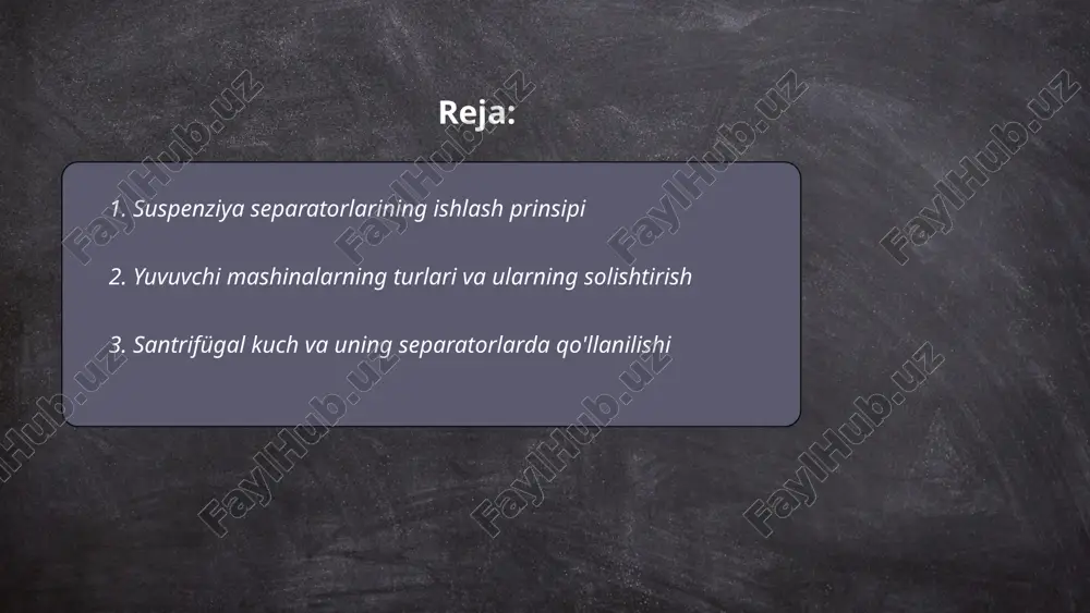 ertsiya kuchidir. bu kuch aylanish markazidan tashqariga yo'naladi va aylanayotgan massalarni ajratishda ishlatiladi. santrifügal separatorlar turli zichlikdagi aralashmalarni ajratish uchun ishlatiladi. qurilma shunday ishlaydiki, aralashma tez aylanuvchi baraban ichida joylashadi, bunda og'irroq zarrachalar tashqi tomonga, yengillari esa ichki tomonga suriladi. bu usul sanoatda, masalan, sutdan qaymoq ajratishda yoki yog'och, neft mahsulotlarini qayta ishlashda keng qo'llaniladi. santrifügal separatorlar yuqori samaradorlikka ega va vaqtni tejaydi. ... t.me/slaydai_bot 4. yuvuvchi mashinalarda ekologik xavfsizlik yuvuvchi mashinalarda ekologik xavfsizlikni ta'minlash uchun energiya iste'molini kamaytirish va suv resurslaridan samarali foydalanish muhimdir. zamonaviy mashinalar bir yuvish jarayonida 50-70 litr suv iste'mol qiladi, eski modellarda esa bu ko‘rsatkich 100 litrdan ortiq bo‘lishi mumkin. shuningdek, a+++ energiya sinfi yuvuvchi mashinalar odatda 20-30% kamroq elektr energiya sarflaydi. detsifikatlar va yuvish vositalarini minimal miqdorda ishlatish ham suv ifloslanishini kamaytirishda yordam beradi. suv va elektr energiyasi iste'molini kuzatib boruvchi "aqlli" tizimlar ekologik xavfsizlikka hissa qo‘shadi. ... t.me/slaydai_bot separatorlar va yuvuvchi mashinalar uchun …