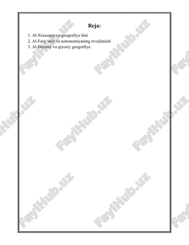 muhim rol o'ynagan va ko'plab yevropalik olimlarga ta’sir ko'rsatgan. geografiyaga qaytsak, xorazmiyning asarlari ix asr arab xalifaligining geografik ma'lumotlarini yoritgan. u o'z davridagi dunyoning ko'rinishini tasvirlagan va geografik kartografiyani ilmiy ravishda tizimlashtirishga harakat qilgan. xorazmiy tomonidan tuzilgan xaritalar uning zamondoshlariga joylashuv va masofalarni aniqlashda yordam bergan. xorazmiyning "kitob surat al-arz" asari o'sha davrning eng muhim geografik asarlaridan biri deb hisoblanadi va u bag'dod akademiyalarida keng o'rganilgan. ushbu asarda keltirilgan geografik axborotlar keyinchalik yevropa olimlariga ham ta'sir qilgan va ularning ilmiy ishi uchun asos bo'lgan. xorazmiy o'zining matematika va astronomiya ishlarida geografiyani muhim bir fan sifatida ajratib ko'rsatadi. u yerning ko'plab shaharlarining kenglik va uzunliklarini o'lchagan va yozib qoldirgan. u tomonidan o'lchang tgan ayrim shaharlarni keltirib o'tadigan bo'lsak: bag'dod, damashq, kurrot va misr diyori kabilar bo'lib, ular phalok, qibla va boshqa astronomik muhim nuqtalarni qayd etar ekan. xulosa qilib aytganda, al-xorazmiy ilmiy-geografik bilimlarni yuqori darajada rivojlantirgan va ushbu sohada katta iz …