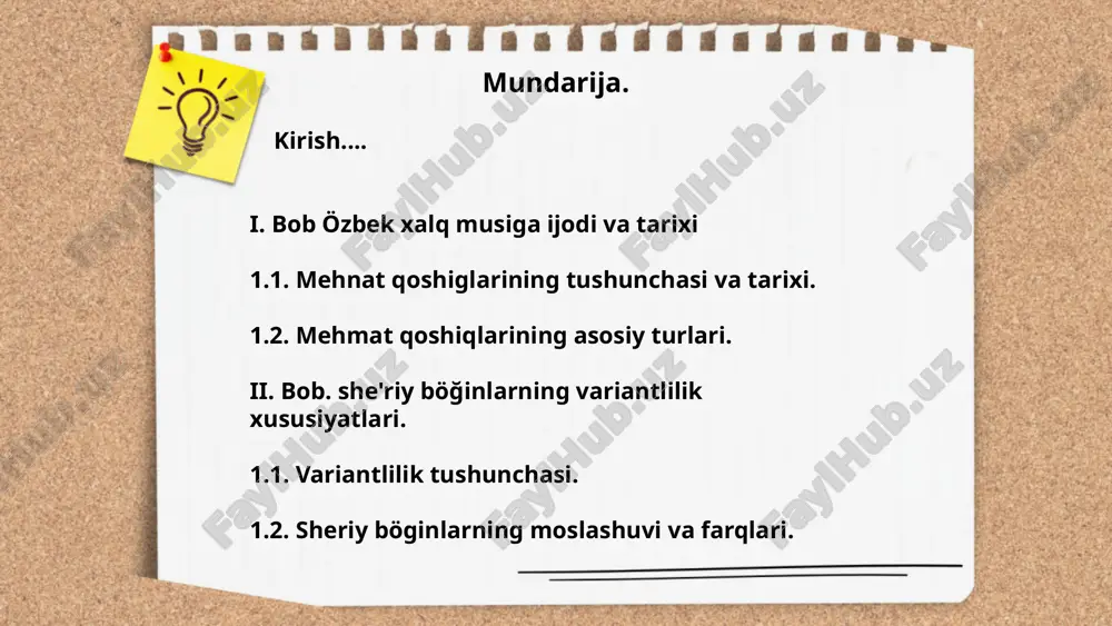 ariga asoslangan. ritmi odatda barqaror va takroriy boʻlib, ish harakatlariga uygʻunlashgan. ohanglar odatda bir nechta takroriy melodik frazalardan tashkil topadi. har bir fraza oʻrtacha 4-8 takt uzunlikdagi boʻlishi mumkin, bu esa oʻsha qoʻshiqlarning davomiyligini belgilaydi. odatda, bunday qoʻshiqlarda murakkab harmoniya kamroq uchraydi, chunki diqqat oddiy va esda qolarli melodiya yaratuvchi ohangga qaratilgan. ... t.me/slaydai_bot she'riy bo'ginlar adabiyotda she'rlarning ritmik tuzilishini tashkil etib, metrikaga muvofiq vazn va ohang beradi. o'zbek adabiyotida she'riy bo'ginlar turli tizimlarda qo'llaniladi, masalan, aruz, barmoq va erkin vaznlar. she'riy bo'ginlarning soni va tuzilishi she'riy matnning his-tuyg'ulariga ta'sir ko'rsatadi. masalan, aruz tizimida bo'ginlar 6 dan 24 gacha bo'lishi mumkin, barmoqda esa qadimiy o'lchamlar 4, 7 yoki 11 bo'gindan iborat. she'rda bo'g'inlarning takrorlanishi musiqa va tovush samaradorligini oshiradi, va ijodkorning maqsadiga mos keladi. ... t.me/slaydai_bot 4. variantlilik tushunchasi variantlilik – bu xalq og‘zaki ijodiyotining asosiy xususiyatlaridan biri bo‘lib, bir asar yoki matnning turli shakllarda, mazmun va shakliy o‘zgarishlarga ega …