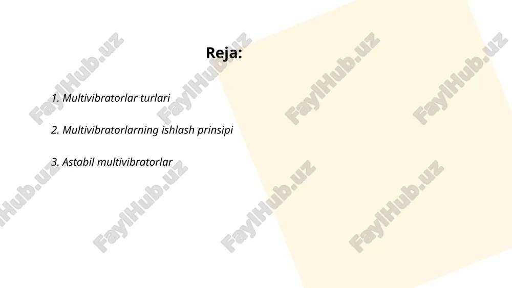 slar hosil qiladi. ushbu qurilmalar ikki tranzistorli yoki boshqa turli komponentlardan tashkil topgan bo'lib, ular bozorda puls generatori sifatida ishlatiladi. ish chastotasi va impuls davomiyligi rezistorlar va kondensatorlar yordamida aniqlanadi. ushbu multivibratorlar ko'pincha taxminan 1 khz dan 1 mhz gacha chastotada ishlash uchun mo'ljallangan bo'lishi mumkin. ular odatda teskari aloqa orqali o'z-o'zini qo'zg'atuvchi sxemalar sifatida tavsiflanadi. ... t.me/slaydai_bot 4. monostabil multivibratorlar monostabil multivibratorlar bir holatdan ikkinchi holatga o'tayotgan kuchlanish impulslarini hosil qilish uchun ishlatiladi. ular "bitta barqaror" holatga ega bo'lib, tashqi signal kelganda vaqtinchalik o'zgarish sodir bo'ladi. bu qurilmalar odatda vaqtni belgilash va kechikish zanjirlarida qo'llaniladi. 555 taymer kabi integrallangan sxemalar monostabil rejimda ishlatilishi mumkin. vaqt oralig'i \( t = 1.1 \times r \times c \) formula orqali hisoblanadi, bunda \( r \) qarshilik va \( c \) sig'imning qiymatlari. monostabil multivibratorlar davriy bo'lmagan impulslarni hosil qilib, timing ilovalarida, debouncerlarda va ko'plab boshqaruv ilovalarida muhim ahamiyatga ega. ... t.me/slaydai_bot bistabil …