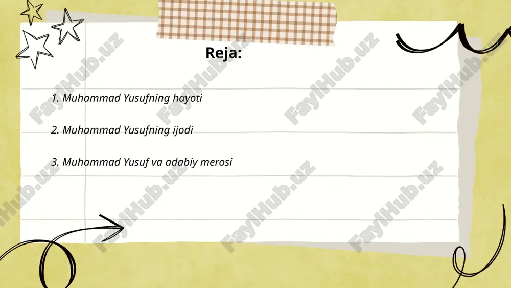 madaniy merosining muhim qismi bo‘lib, sho‘irlik san’ati va xalq dardini kuylashda ulkan ahamiyatga ega. ... t.me/slaydai_bot 4. muhammad yusufning she'riyati muhammad yusuf (1954-2001) zamonaviy o'zbek adabiyotining taniqli shoiri hisoblanadi. u o'z ijodida xalqona tushuncha va tuyg'ularni ifodalashda yuksak mahorat ko'rsatgan. yusufning she'rlari sevgi, milliylik, vatanparvarlik va insoniy qadriyatlar mavzulariga bag'ishlangan. 3 ta hajviy, 7 ta nazm, va 2 ta dramatik asar muallifi sifatida ko'plab adabiy mukofotlarga sazovor bo'lgan. uning asarlari 12 tilda chop etilgan. shoirning mashhur to'plamlari "oq gullar" va "uyqudagi qiz" bo'lib, ular 80-yillardan boshlab o'quvchilar orasida keng tarqalgan. muhammad yusufning ijodi o'zbek xalqining milliy qadriyatlari va madaniyatini aks ettiradi. muhhammad yusuf talaba: rahimova nozima e'tiboringiz uchun raxmat! image1.png image2.png image3.png image4.png image5.png image6.jfif