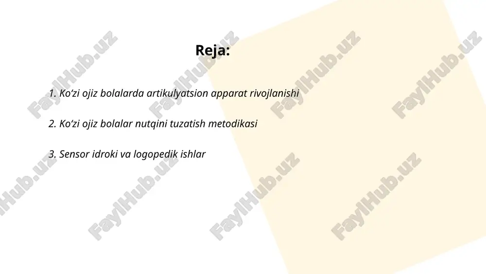 n bogʻliqdir. ... t.me/slaydai_bot sensor idrokini rivojlantirish va logopedik ishlar, asosan, bolalarning til va nutq qobiliyatlarini yaxshilashga qaratilgan. logopedlar bola nutqidagi muammolarni aniqlash va tuzatish uchun maxsus metodlarni qo'llaydilar. tadqiqotlar ko'rsatadiki, sensor idrokning rivoji nutqning yaxshi va o'z vaqtida shakllanishiga yordam beradi. 85% bolalarda erta aralashuv orqali nutq muammolarini hal qilishga muvaffaq bo'linadi. logopedik mashqlar orqali 70% bolalarda 6 oy ichida sezilarli ijobiy o'zgarishlar kuzatiladi. odatda, 3 yoshda nutqni baholash boshlanadi, va bu tug'ilgandan keyin 15-18 oy o'rtasida asosiy rivojlanish bosqichidir. ... t.me/slaydai_bot 4. koʻzi ojiz bolalar bilan fonematik eshitishni rivojlantirish koʻzi ojiz bolalar bilan fonematik eshitishni rivojlantirish muhim ahamiyatga ega, chunki eshitish qobiliyati ularning til oʻrganish va nutq rivojlanishida asosiy rol oʻynaydi. statistik maʼlumotlarga ko‘ra, koʻzi ojiz bolalarning taxminan 70% fonematik eshitish bilan muammolarga duch keladi. ularni rivojlantirish uchun maxsus mashqlar va metodlar qoʻllaniladi. masalan, ovozlarni ajratish, taqlid qilish va farqlashga doir treninglar samarali boʻlishi mumkin. bolalar erta yoshdan …