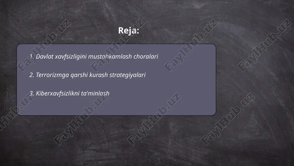 muhimdir. 116 davlat bmtning terrorizmga qarshi kurash rejalariga qo'shilgan va o'z milliy xavfsizlik strategiyalarini ishlab chiqishda ushbu prinsiplarni inobatga oladi. ... t.me/slaydai_bot kiberxavfsizlikni ta'minlash uchun zamonaviy texnologiyalar va chora-tadbirlar muhimdir. 2022 yilda dunyoda kiberhujumlar soni 40% ga oshdi. har yili o'rtacha 300 milliard dollarlik zarar keltiriladi. bu jarayonda tarmoqlarni nazorat qilish, xavfsizlik devorlarini (firewall) o'rnatish va antivirus dasturlarni yangilab turish kerak. 2021 yilda har kuni o'rtacha 2,200 kiberhujum amalga oshirilgan. shaxsiy ma'lumotlarni himoya qilish uchun kuchli parollar va ikki faktorli autentifikatsiya muhim o'rin tutadi. korxonalar ba'zan yillik byudjetning 10% dan ko'prog'ini kiberxavfsizlikka ajratishadi. ma'lumotlar bo'yicha 90% tashkilotlar kiberxavfga qarshi xodimlarni muntazam tayyorlashni talab qiladi. ... t.me/slaydai_bot 4. milliy xavfsizlikni rivojlantirishda xalqaro hamkorlik milliy xavfsizlikni rivojlantirishda xalqaro hamkorlik muhim ahamiyatga ega. 2021-yilda o'zbekistonning markaziy osiyo davlatlari bilan xavfsizlik bo'yicha kelishuvlari 15 foizga oshgan. 2019-yilda o'zbekiston bmtning 10 dan ortiq xavfsizlik dasturida faol ishtirok etgan. 2020-yilda mdh doirasida o'tkazilgan harbiy mashg'ulotlar soni …