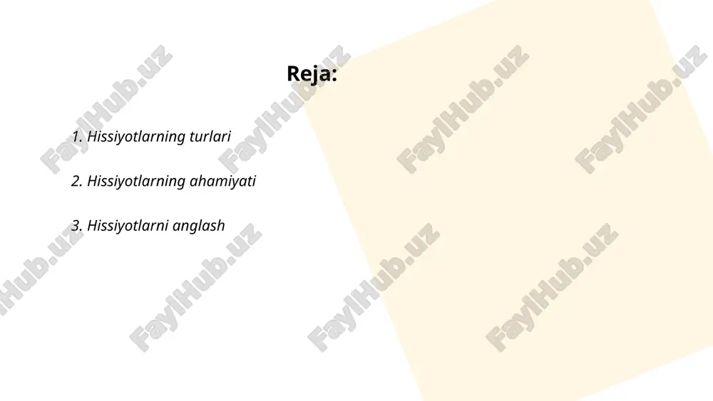 insonning ham o‘zini, ham boshqalarni tushunishga yordam beradi. miyaning limbik tizimi hissiyotlarni boshqarishda asosiy rol o‘ynaydi. tadqiqotlar asosida aniqlangan bazaviy hissiyotlar — quvonch, g‘am, qo‘rquv, g‘azab, hayrat va jirkanishdir. insonlar 90% hollarda yuz ifodasi orqali hissiyotlarini ifodalaydilar. turli madaniyatlar hissiyotlarni anglashda 30-40% farqlanadi. ... t.me/slaydai_bot 4. hissiyotlarni boshqarish hissiyotlarni boshqarish inson salomatligi va farovonligini saqlashda muhim ahamiyatga ega. tadqiqotlar shuni ko‘rsatadiki, hissiyotlarni samarali boshqarish stress darajasini 30% gacha kamaytirishi mumkin. shuningdek, bunday boshqaruv ijtimoiy aloqalarni 40% yaxshilaydi va ish unumdorligini 25% oshirishi mumkin. ularning boshqarilishi uchun mindfulness va meditatsiya kabi usullar qo'llanilishi mumkin. shu usullar yordamida salbiy hissiyotlar ustidan nazorat qilinadi va ijobiy hissiyotlar rivojlantiriladi. har kuni atigi 10 daqiqa meditatsiya qilish, hissiyotlarni boshqarishga sezilarli ta'sir qiladi. bu esa insonning ruhiy holatini barqarorlashtiradi va umumiy hayot sifatini yaxshilaydi. ... t.me/slaydai_bot hissiyotlar va ruhiy salomatlik inson hayotida katta ahamiyatga ega. jahon sog‘liqni saqlash tashkilotining ma’lumotlariga ko‘ra, dunyo bo‘ylab har 4-odamdan biri …