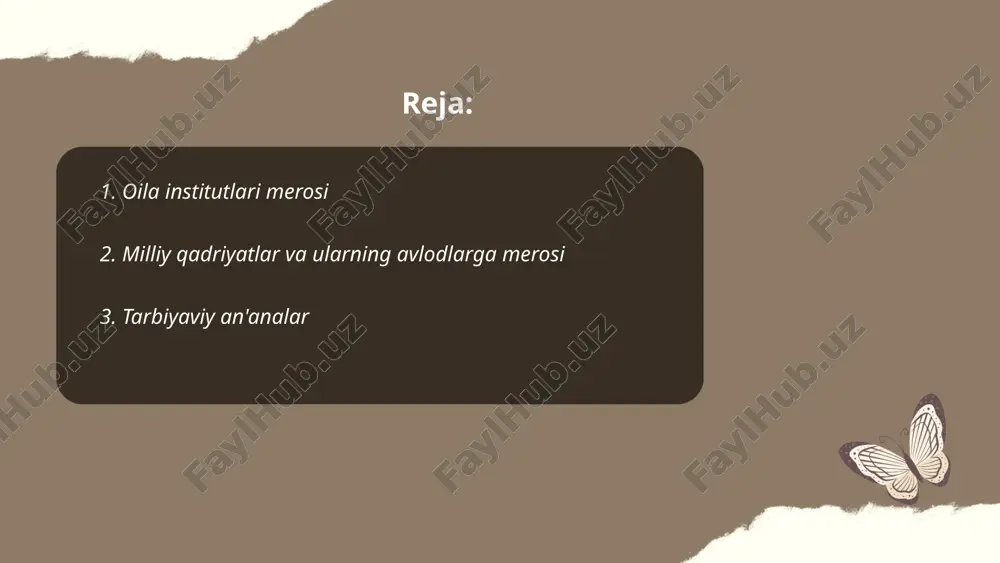 kattalarga ehtirom ko'rsatish, ota-onaga itoat, mehmonnavozlik kabi qadriyatlar avloddan-avlodga o'tadi. xalqsan'at, qo'shiqlar va rivoyatlar orqali yoshlarga ma'naviyat, axloq va vatanparvarlik kabi tuyg'ular singdiriladi. an'anaviy ta'lim tizimi, maktab va madrasalarda ham tarbiyaviy mavzularni o'rganishga katta e'tibor qaratiladi. milliy bayramlar, masalan, navro'z va ramazon hayitlari ham bolalar va yoshlarda milliy an'analar va qadriyatlarni shakllantirishda muhim rol o'ynaydi. ... t.me/slaydai_bot 4. madaniy merosning saqlanishi madaniy merosning saqlanishi o'zbekistonda muhim masalalardan biridir. o‘zbekiston respublikasi madaniyat vazirligi va moddiy madaniy meros ob’ektlarini muhofaza qilish bo‘yicha agentliklar bunday merosni asrash uchun juda faol ish olib bormoqda. mamlakatda 8 mingdan ortiq madaniy meros obyektlari mavjud, shulardan 4 mingdan ortig‘i arxeologik, 2700 dan ziyodi esa me’moriy obyektlar hisoblanadi. 2022 yilda 50 dan ortiq ob'ektlar restavratsiya qilindi. shuningdek, 2023 yilda madaniyat obyektlariga davlat tomonidan 20 milliard so'm ajratildi. yuneskoning butunjahon merosi ro‘yxatida samarqand, buchoro va xivaning tarixiy markazlari joy olgan. madaniyat taraqiyotida meroslik va vorislik abduqodirova hayitgul e'tiboringiz uchun …