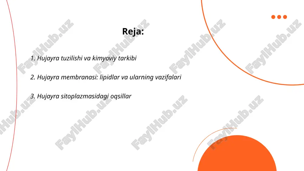 i_bot hujayra sitoplazmasidagi oqsillar hujayraning asosiy tarkibiy qismlari bo'lib, ular turli xil funktsiyalarni bajaradi. sitoplazmada juda ko'p turli xil oqsillar mavjud bo'lib, ular enzimatik faoliyat ko'rsatadi, molekulalarni tashishadi va struktura hamda harakatni ta'minlaydi. masalan, aktin va miyozin oqsillari hujayra skeletining asosiy komponentlari bo'lib, hujayra shakli va harakatida muhim rol o'ynaydi. oqsillar sintezi ribosomlarda amalga oshiriladi va ular aminokislotalardan tashkil topgan. sitoplazmada atp bilan ta'minlovchi mitoxondriya orqali energiya ishlab chiqariladi, bu esa oqsillarni faol holatda saqlash uchun zarurdir. hujayra sitoplazmasida oqsillar kontsentratsiyasi odatda 20-30% ni tashkil etadi. ... t.me/slaydai_bot 4. nuklein kislotalar: dnk va rnk ning roli nuklein kislotalar, dnk va rnk, hujayralarning asosiy genetik materiallaridir. dnk (deoksiribonuklein kislota) hujayraning barcha genetik ma'lumotlarini saqlaydi va organizmning nasldan-naslga o'tish xususiyatlarini boshqaradi. rnk (ribonuklein kislota) esa dnkdagi ma'lumotlarni o'qish va oqsil sintezidagi jarayonlarda ishtirok etadi. dnk ikki zanjirli spiral tuzilishga ega, rnk esa ko'pincha bitta zanjirli bo'ladi. dnkda adenin, timin, guanin va sitozin …