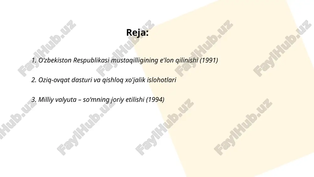 nning milliy valyutasi – so‘m joriy etildi. so‘mning chiqarilishi mamlakatning iqtisodiy mustaqilligini ta’minlash va pul muomalasini yaxshilash maqsadida amalga oshirildi. ilk bosqichda 1 so‘m 1000 rublga teng bo‘lib, 1, 3, 5, 10, 25, 50, 100 so‘mlik kupyuralar muomalaga kiritildi. so‘mning joriy etilishi o‘zbekiston respublikasi prezidenti farmoniga binoan amalga oshirildi. o‘sha davrda so‘m o‘zbekiston hududi ichida yagona qonuniy to‘lov vositasi bo‘ldi, bu esa mamlakatning iqtisodiy tizimini mustahkamlashda muhim qadam bo‘ldi. ... t.me/slaydai_bot 4. yoqilgʻi-energetika kompleksining rivojlanishi yoqilgʻi-energetika kompleksi oʻzbekiston iqtisodiyotining muhim qismlaridan biri hisoblanadi. mamlakat gaz zahiralari boʻyicha dunyoda 20-o‘rinda turadi, yiliga taxminan 60 milliard kub metr tabiiy gaz ishlab chiqariladi. 2022-yilda energetika sektorida 4,5 milliard aqsh dollari miqdorida investitsiya jalb qilindi. o‘zbekiston energetika strategiyasiga ko‘ra, 2030-yilgacha energiya ishlab chiqarishni 30 foizga oshirish rejalashtirilmoqda. shuningdek, qayta tiklanuvchi energiya manbalaridan foydalanishni kengaytirish uchun quyosh va shamol energiya loyihalari ishlab chiqilmoqda. 2023-yilda mamlakatda 1,5 gigavatt quvvatli yangi quyosh elektr stansiyalari ishga tushirilishi kutilmoqda. …