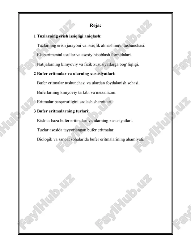 us suvdagi holatiga o‘tishi ko‘rsatiladi biologiya sanoat va kimyo sohalarida amaliy ahamiyatga ega biologiyada bu biologik eritmalar va organizmda sodir bo‘ladigan jarayonlarni tushunishda qo‘llaniladi sanoatda esa issiqlik almashinuvi jarayonlarida va eritmalar tayyorlashda kimyoda esa kimyoviy reaksiya kinetikasi va termodinamikani o‘rganishda muhim hisoblanadi [image: ] 1 rasm (tuzlarning erish issiqligi). tuzlarning erish jarayoni va issiqlik almashinuvi tushunchasi tuzlarning suvda yoki boshqa erituvchilarda erishi jarayonida issiqlikning ajralishi yoki yutilishini ifodalaydi bu jarayonda tuzning ionlari kristall panjarasidan ajralib chiqadi va erituvchida harakatlanadi bunda energiya almashinuvi yuz beradi ya’ni ba’zi hollarda issiqlik ajraladi va bu jarayon ekzotermik bo‘ladi ba’zan esa issiqlik yutilib endotermik bo‘ladi tuzlarning erish jarayoni ionlarning solvatatsiyasi va ularning erituvchi bilan o‘zaro ta’siri natijasida yuz beradi eksperimental usullar va asosiy hisoblash formulalarida kalorimetrik usul eng ko‘p qo‘llaniladi kalorimetr yordamida tuzning belgilangan miqdori suvga eritilib issiqlik o‘lchanadi va q m c delta t formulasi orqali hisob-kitob qilinadi bu yerda q yutilgan yoki ajralgan …