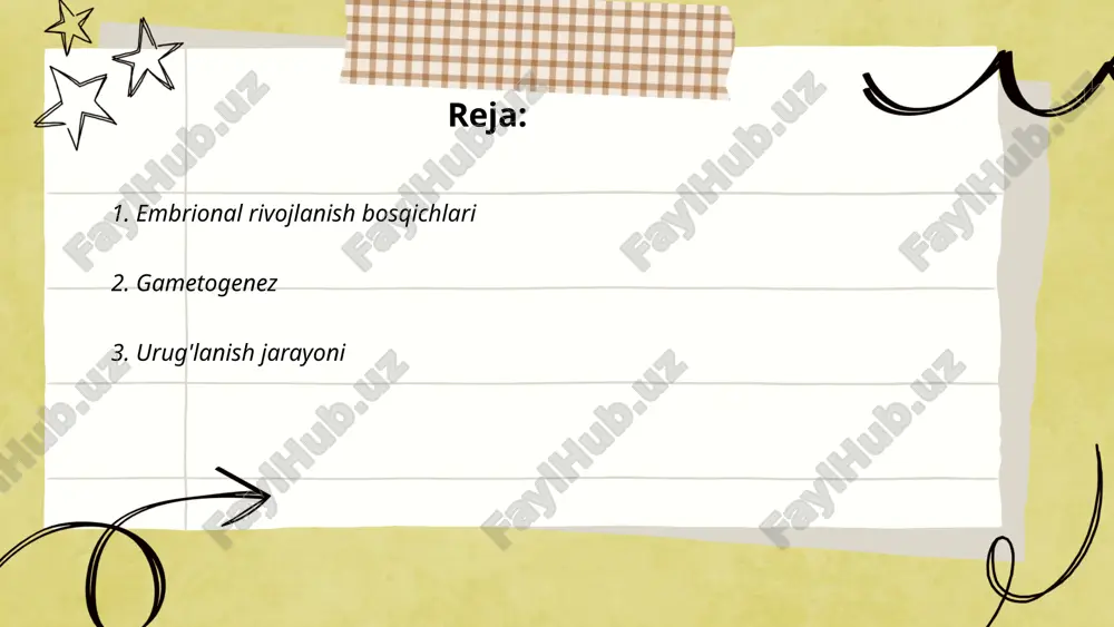 halik bo'linib ko'plik hujayrali embrion shakllanadi. urug'lanishdan so'ng ziqna ayol bachadoniga ko'chib, u yerda implantatsiya sodir bo'ladi va homiladorlik jarayoni boshlanadi. urug'lanish faqat menstrüal tsikl o'rtasida sodir bo'lishi mumkin. ... t.me/slaydai_bot 4. zigota hosil bo'lishi zigota hosil bo'lishi o'g'itlanish jarayonida boshlanadi, bu urg'ochi va erkak gametalarning, ya'ni tuxum hujayra hamda spermatozoidning birlashishini o'z ichiga oladi. natijada zigota, diploid xromosomalar soni (2n) bilan samarali bo'lgan bitta hujayra hosil bo'ladi. insonda zigota 23 juft, ya'ni jami 46 ta xromosomaga ega bo'ladi. o'g'itlanishning boshlanishi tuxum hujayra spermatozoidni qabul qilgan vaqtda sodir bo'ladi. zigota mitoz bo'linish orqali rivojlanishni boshlaydi va keyinchalik ko'plab hujayralarga ajralib, embrion va undan keyin organizm shakllanishiga olib keladi. jarayon ko'pincha fallop nayida o'tadi. ... t.me/slaydai_bot yumurta hujayralarining bo‘linishi (oogenesis) ayollar jinsiy tizimida sodir bo‘ladi. bu jarayon boshidan oxirigacha uch bosqichdan iborat: o'rta bo‘linish, o‘zgarish va yetilish. hujayralar boshida mitotik bo‘linishni o'tkazadi va keyin rivojlanish jarayonida meiotik bo‘linishga o'tadi. meiotik jarayon …