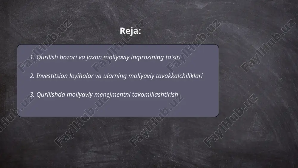 ikvidlik, kredit, foiz stavkalari va valyuta kursi o'zgarishlari bilan bog'liq. 2022-yilda markaziy bank tomonidan bazaviy stavkaning 14 foizga kotirovka qilinganligi, devalvatsiya riskini ham ko'paytiradi. loyihalar uchun rentabellik ko'rsatkichi odatda 15-25% atrofida baholanadi. bunday tavakkalchiliklarni minimallashtirish uchun sug'urta, xedjirovka va diversifikatsiya kabi moliyaviy strategiyalar qo'llaniladi. ... t.me/slaydai_bot qurilishda moliyaviy menejmentni takomillashtirish uchun birinchi navbatda quyidagi omillarga e'tibor qaratish zarur: resurslarni optimallashtirish, xususan, materiallar va ishchi kuchi narxini nazorat qilish orqali loyiha xarajatlarini samarali boshqarish. moliyaviy prognozlash amaliyotlarini kuchaytirish va risklarni tahlil qilish ham muhimdir. qurilish ishlarida moliyaviy menejmentni takomillashtirish orqali xarajatlarni 10-20% ga kamaytirish va loyihani o'z vaqtida yakunlash imkoniyati oshadi. shuningdek, zamonaviy dasturlar va texnologiyalarni joriy etish orqali moliyaviy hisobotlarni tez va aniq tayyorlashda yordam berishi mumkin. hamkorlar bilan samarali aloqalarni o'rnatish, to'lov tizimlarini raqamlashtirish va qarz boshqaruvini kuchaytirish orqali likvidlikni saqlash ham dolzarb vazifalardandir. ... t.me/slaydai_bot 4. infratuzilmani rivojlantirish va inqirozga qarshi strategiyalar infratuzilmani rivojlantirish va inqirozga qarshi strategiyalar …