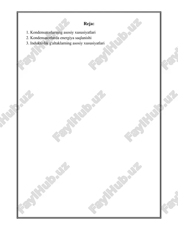 b beradi, masalan, polyester kondensatorlar yuqori sig‘imni past kuchlanishlarda taklif qiladi. 6. **esr (ekvivalent ketma-ket qarshilik)**: bu kondensatorning ichki qarshiligini ifodalaydi va ohmlarda o‘lchanadi. kam esr qiymati kondensatorning energiyani samarali uzatish qobiliyatini oshiradi. 7. **esl (ekvivalent ketma-ket induktivlik)**: kondensatorlarning yuqori chastotali signallarga qarshiligini ifoda etuvchi indikator hisoblanib, eng kichik esl ga ega boʻlishi muhimdir, ayniqsa yuqori chastotali ilovalarda. 8. **yo‘qotish faktori (tangens delta, tan δ)**: bu parametr kondensatorning energiya samaradorligini ifoda etadi. kam yo‘qotish faktori kondensatorning samarali ishlashini ko‘rsatadi. 9. **fizik hajm va o'lchamlar**: kondensatorlarning jismoniy o‘lchamlari ularning sig‘imi va kuchlanish darajasiga bog‘liq. kompakt hajmli kondensatorlar kichik elektron qurilmalar uchun juda mos keladi. 10. **ulanish tipi**: kondensatorlarning ulangan turlari, masalan, axial, radial yoki smt (surface mount technology) ulamalari mavjud. yuqorida sanab o‘tilgan xususiyatlar kondensatorlarni tanlashda va ularni elektron zanjirlarda qo‘llashda muhim ahamiyatga ega. elektronika sanoatida turli vazifalarga mos keladigan xususiyatlar talab qilinadi, masalan, kuchlinish stabilizatori bo‘lib xizmat qiluvchi kondensatorlarda yuksak …