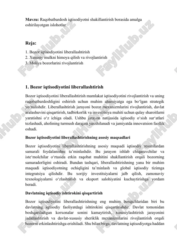 ususiylashtirish jarayonini jadallashtirish va davlat-xususiy sheriklik mexanizmlarini rivojlantirish orqali bozorni erkinlashtirishga erishiladi. shu bilan birga, davlatning iqtisodiyotga haddan tashqari aralashuvi cheklangan taqdirda, korxonalar o‘z faoliyatini samarali tashkil etishga va innovatsiyalarni joriy qilishga ko‘proq intiladi. raqobat muhitini shakllantirish va mustahkamlash liberallashtirish jarayonida sog‘lom raqobat muhitini yaratish va uni mustahkamlash muhim o‘rin tutadi. bu esa monopoliyalarning oldini olish va iste‘molchilar manfaatlarini himoya qilish uchun zarur. davlat tomonidan raqobat siyosatini samarali amalga oshirish, shu jumladan, monopoliyaga qarshi qonunchilikni takomillashtirish va uni qat’iy nazorat qilish orqali ushbu maqsadga erishish mumkin. raqobat muhitining shakllanishi, o‘z navbatida, narxlarni pasaytiradi, sifatni oshiradi va innovatsiyalarni tezlashtiradi. xususiy sektorni rivojlantirish bozor iqtisodiyotini liberallashtirish xususiy sektorni rivojlantirish uchun zarur sharoitlarni yaratadi. tadbirkorlik faoliyatini qo‘llab-quvvatlash, soliq tizimini soddalashtirish, kredit resurslariga kirishni kengaytirish va tadbirkorlarning huquqlarini himoya qilish orqali xususiy sektorning iqtisodiyotdagi ulushi oshiriladi. xususiy sektorni rivojlantirish nafaqat yangi ish o‘rinlarini yaratishga, balki iqtisodiy o‘sishni ta’minlashga ham xizmat qiladi. xalqaro iqtisodiy aloqalarni …